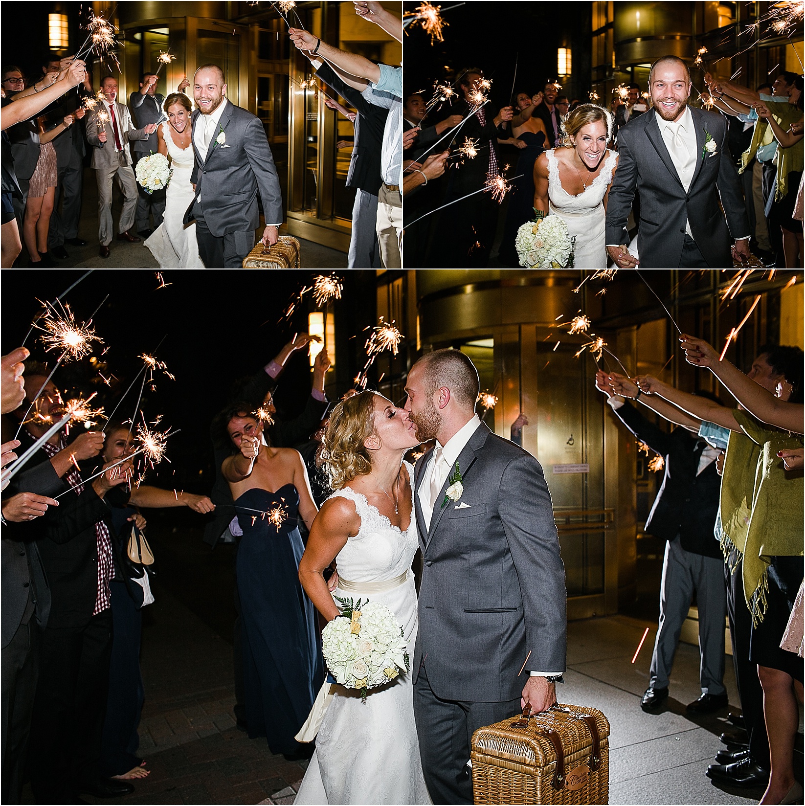 Grand Sparkler exit while leaving the reception at the Charlotte City Club wedding in charlotte North Carolina
