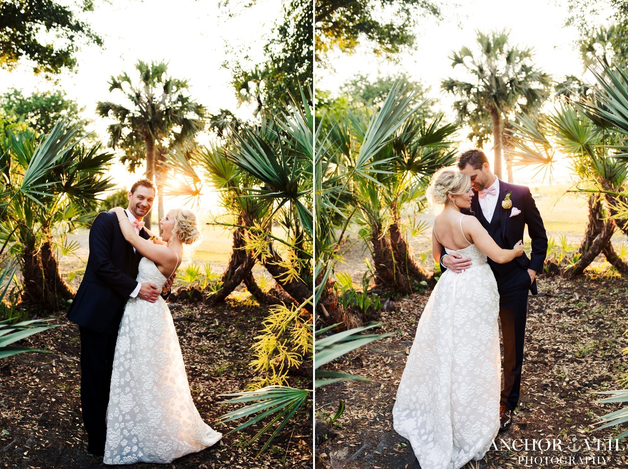 bride and groom hugging in the light between the palm trees