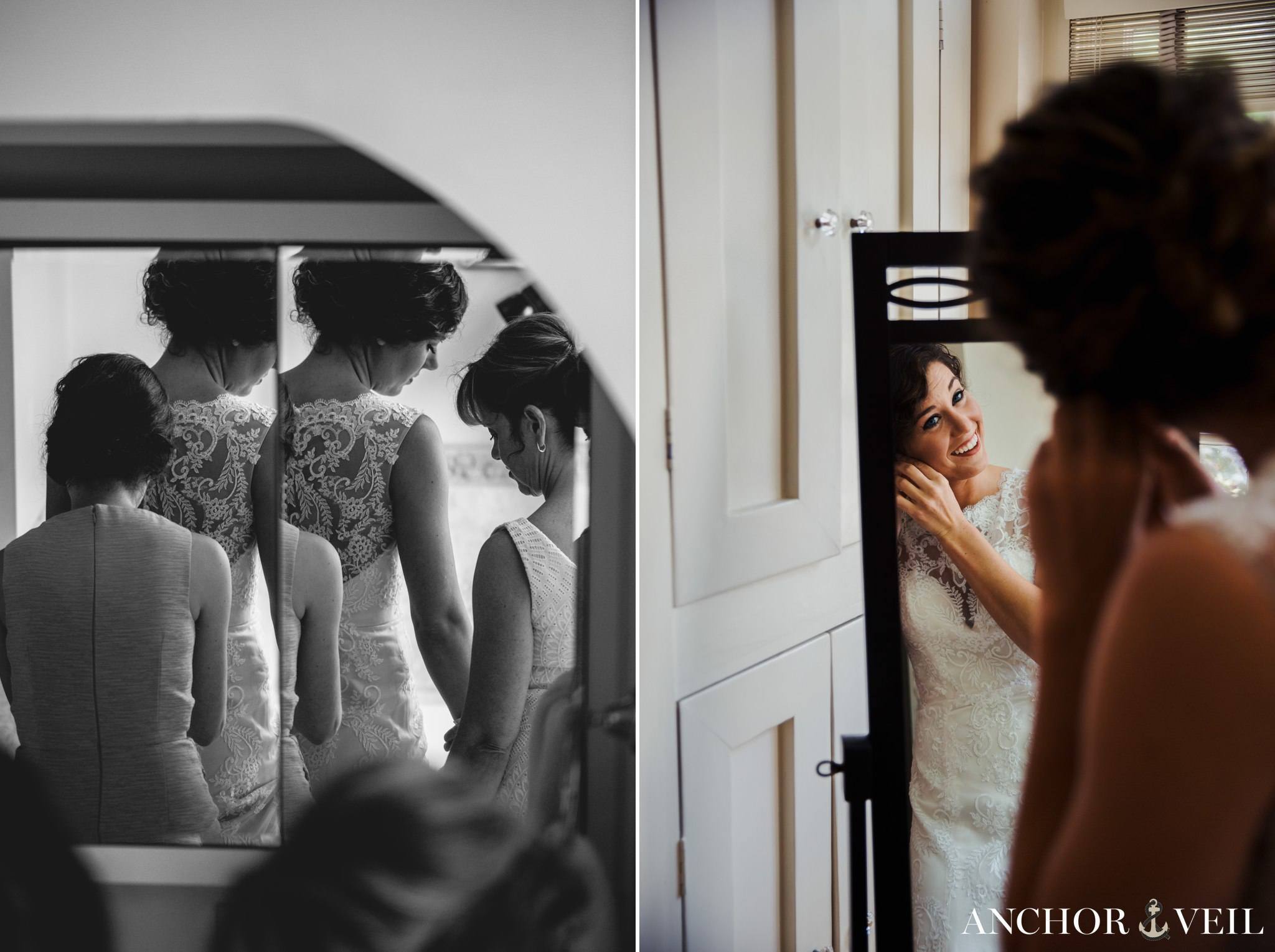 helping get the dress on in the mirror during their Forsyth Park Wedding Elopement