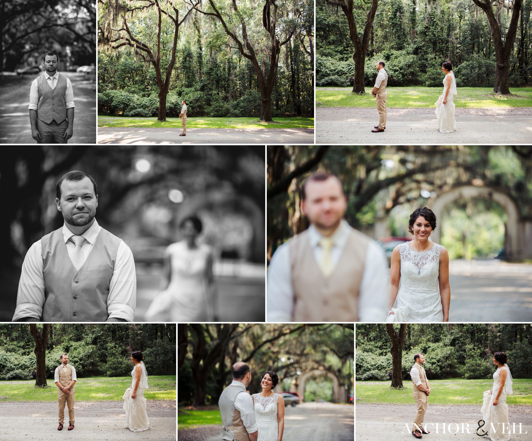the first look sequence at wormsloe plantation during their Forsyth Park Wedding Elopement