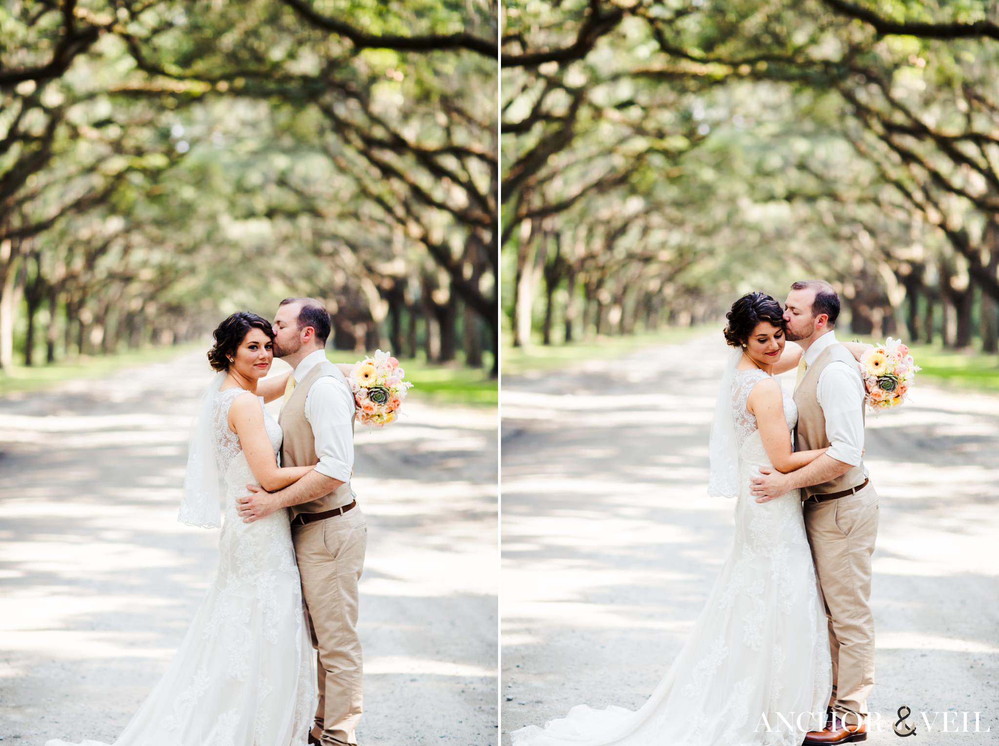 kissing at the plantation during their Forsyth Park Wedding Elopement