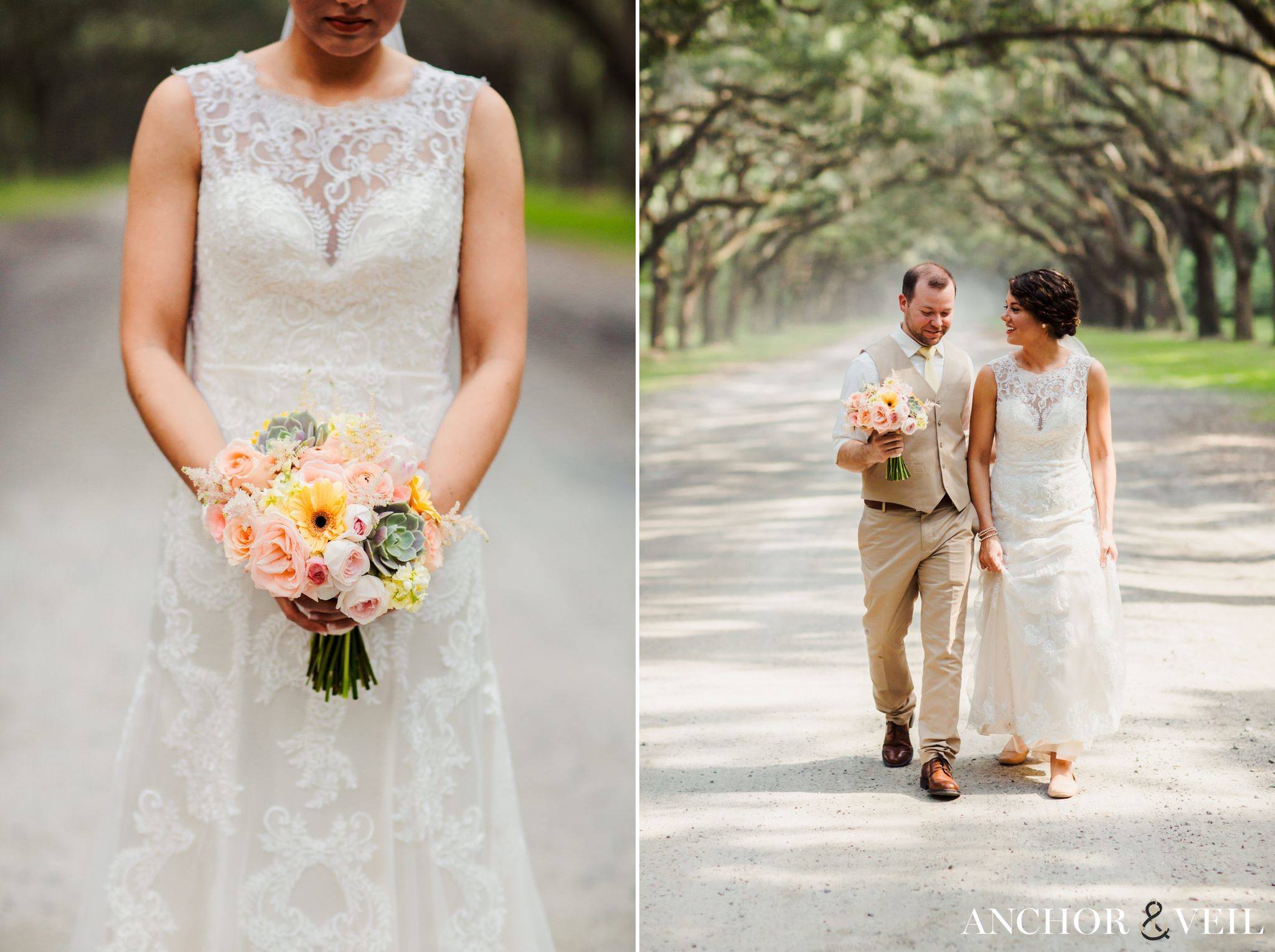 the flowers and the bride and groom during their Forsyth Park Wedding Elopement