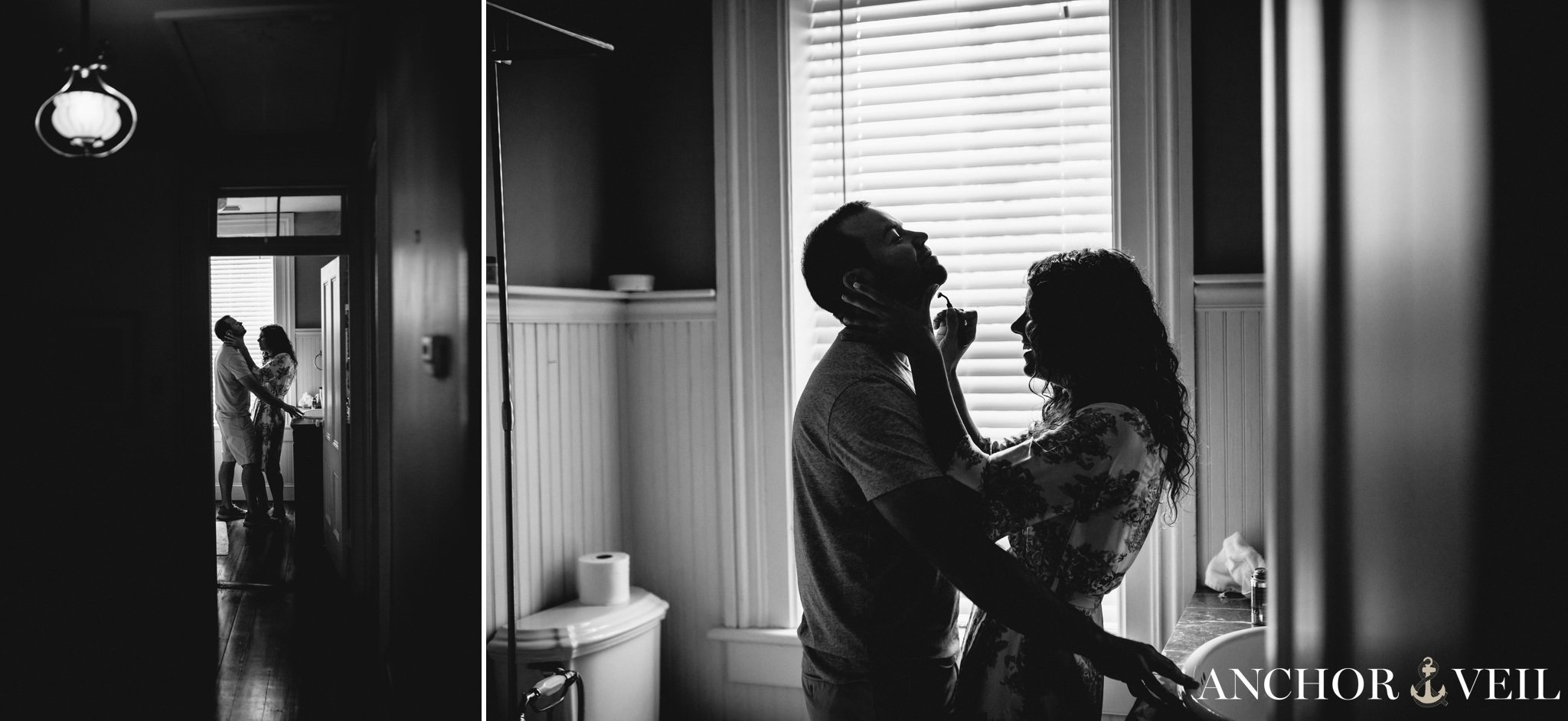 bride helping groom shave in black and white during their Forsyth Park Wedding Elopement