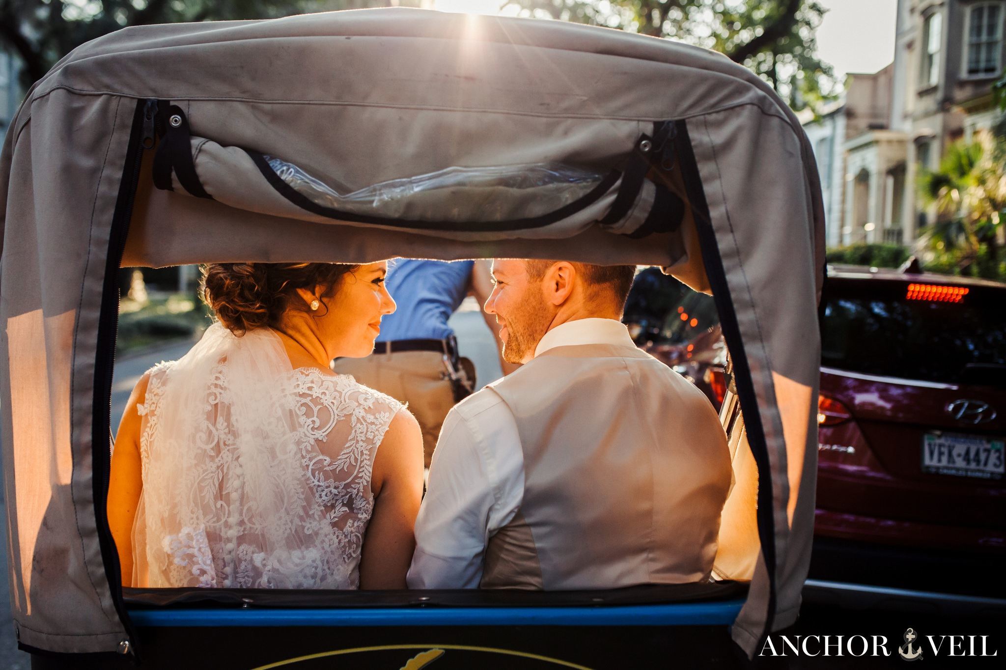 the light from the carriage during their Forsyth Park Wedding Elopement