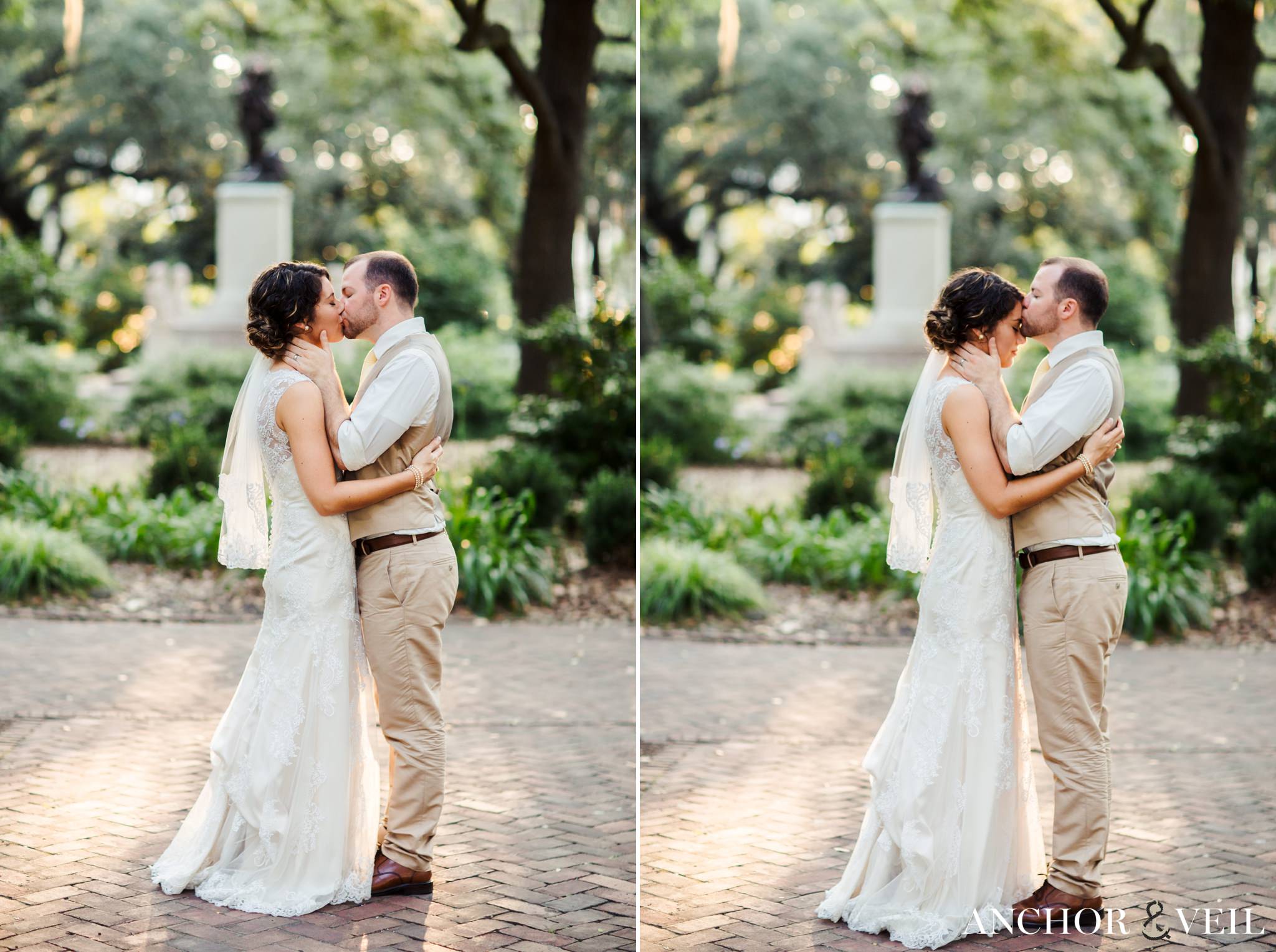 Sweet kisses on the forehead in the park during their Forsyth Park Wedding Elopement