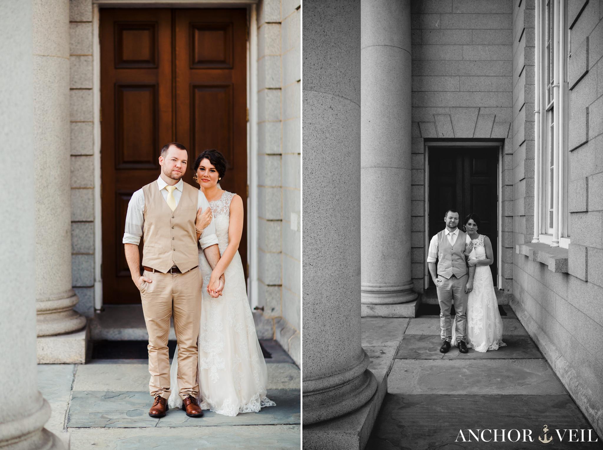 holding each other next to the pillars during their Forsyth Park Wedding Elopement