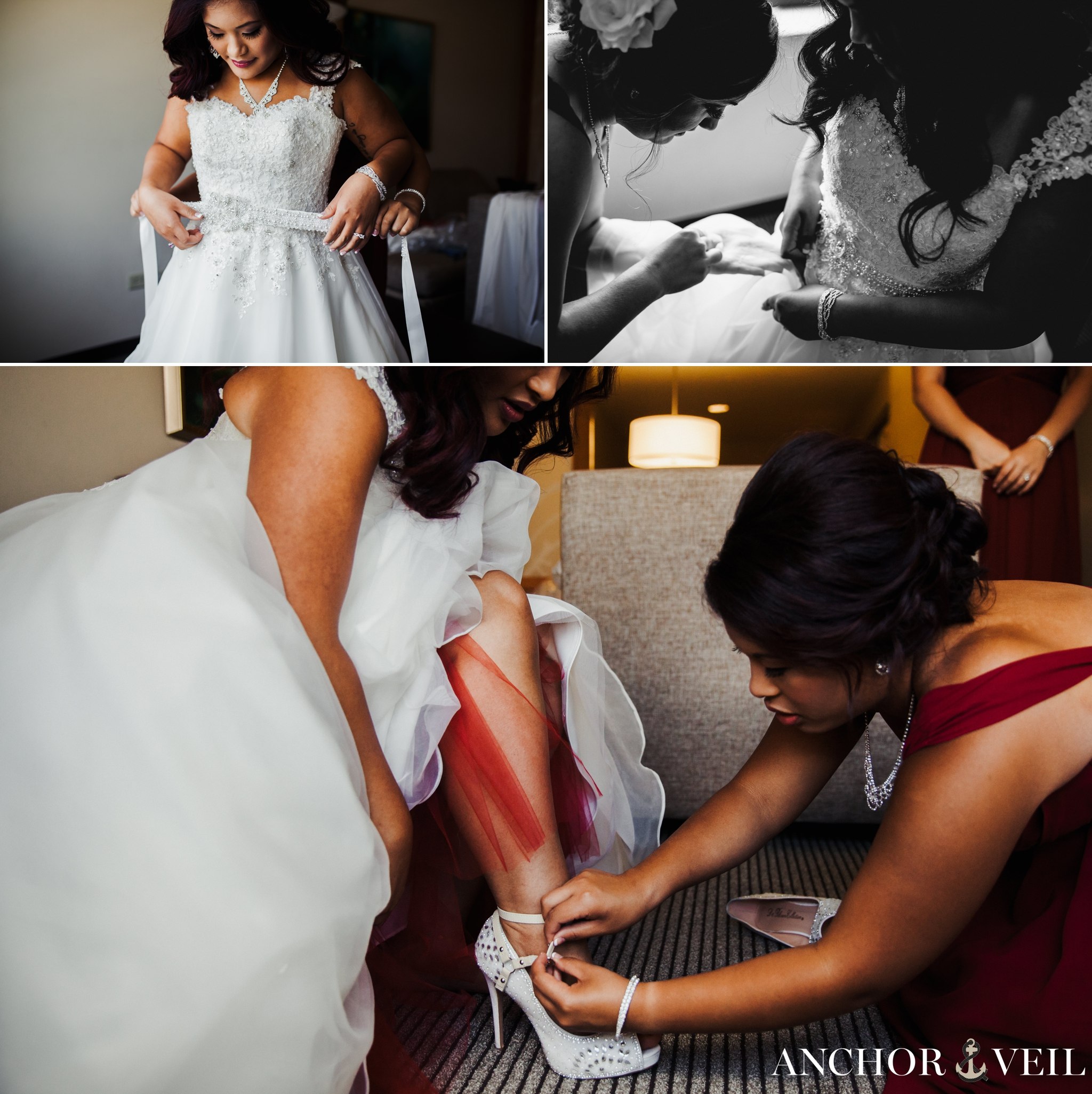 bride getting on shoes and dress