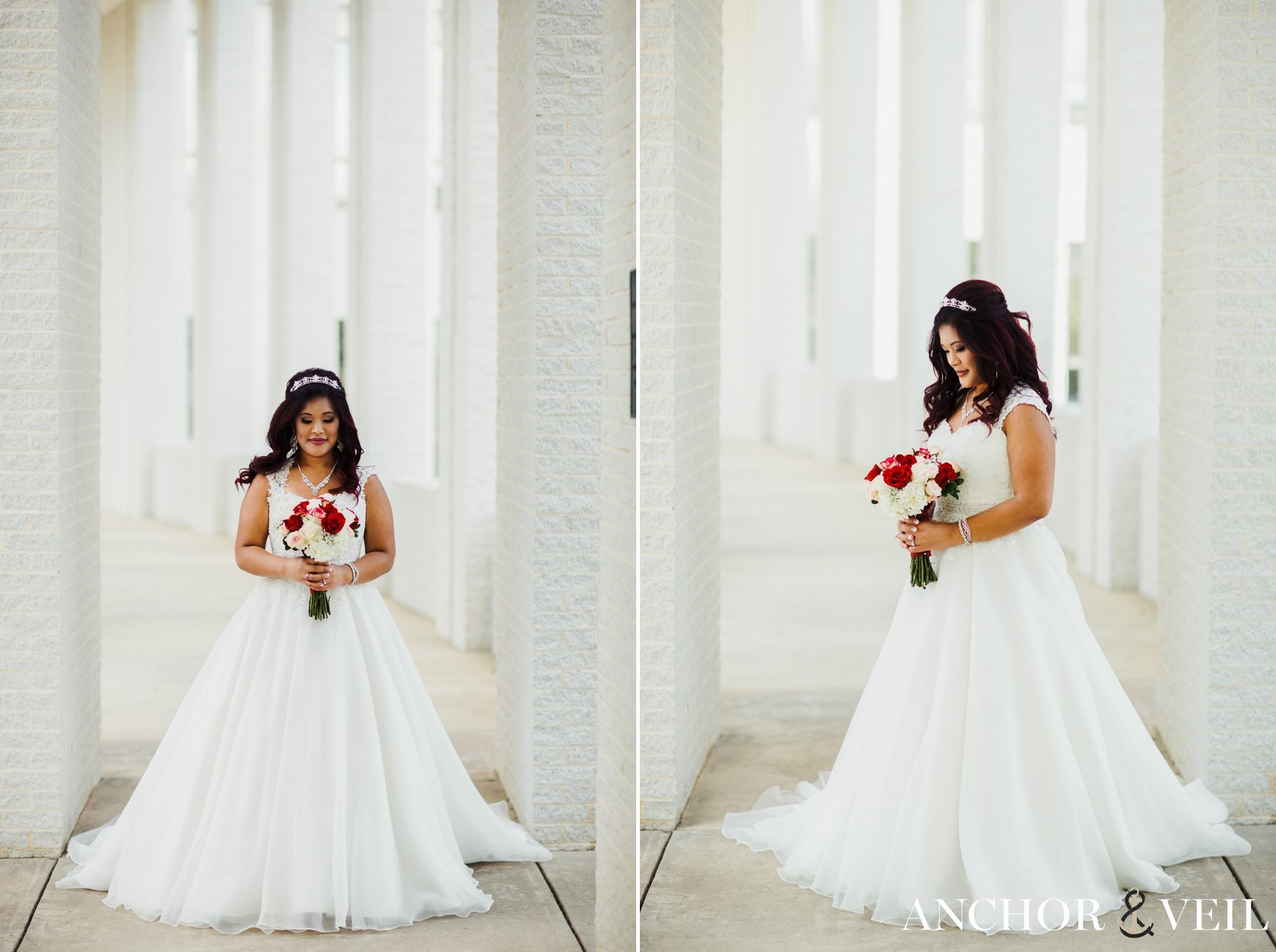 bride in the white pillars in uptown charlotte