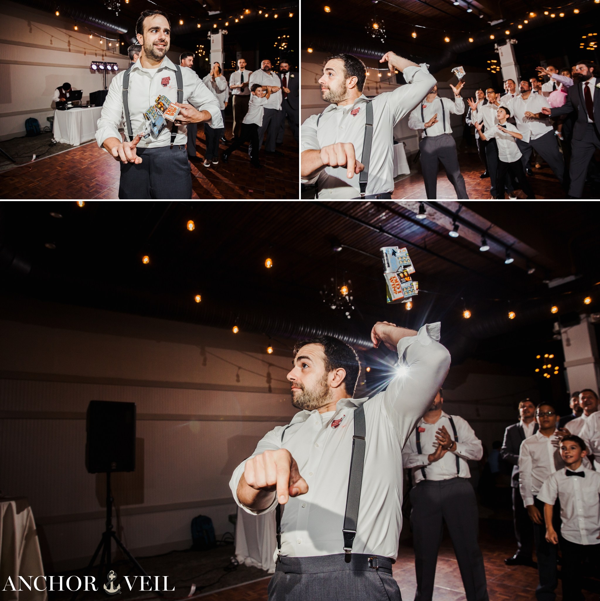 groom throwing the garter with lottery tickets