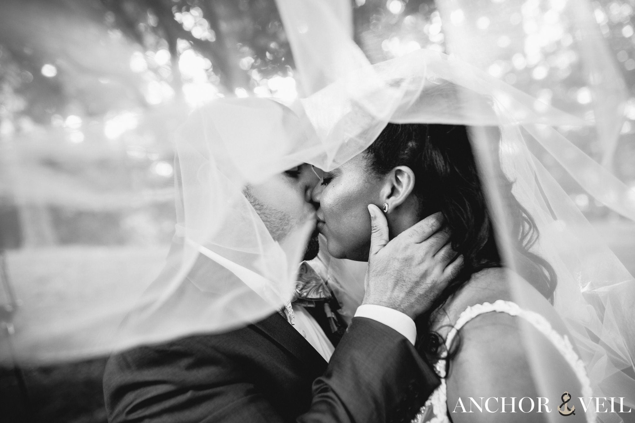kissing in black and white under the veil