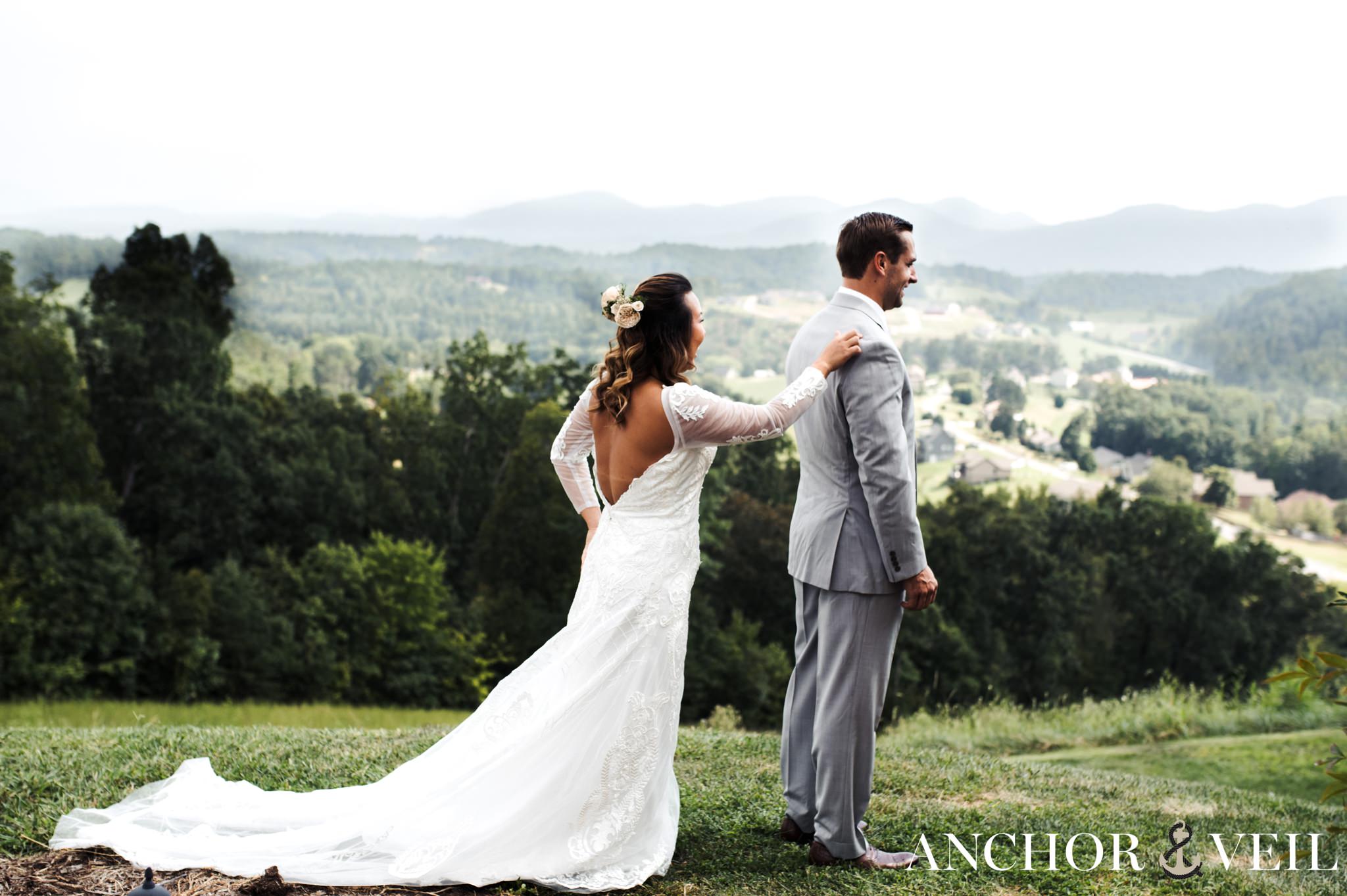 first look overlooking the asheville mountains destination wedding