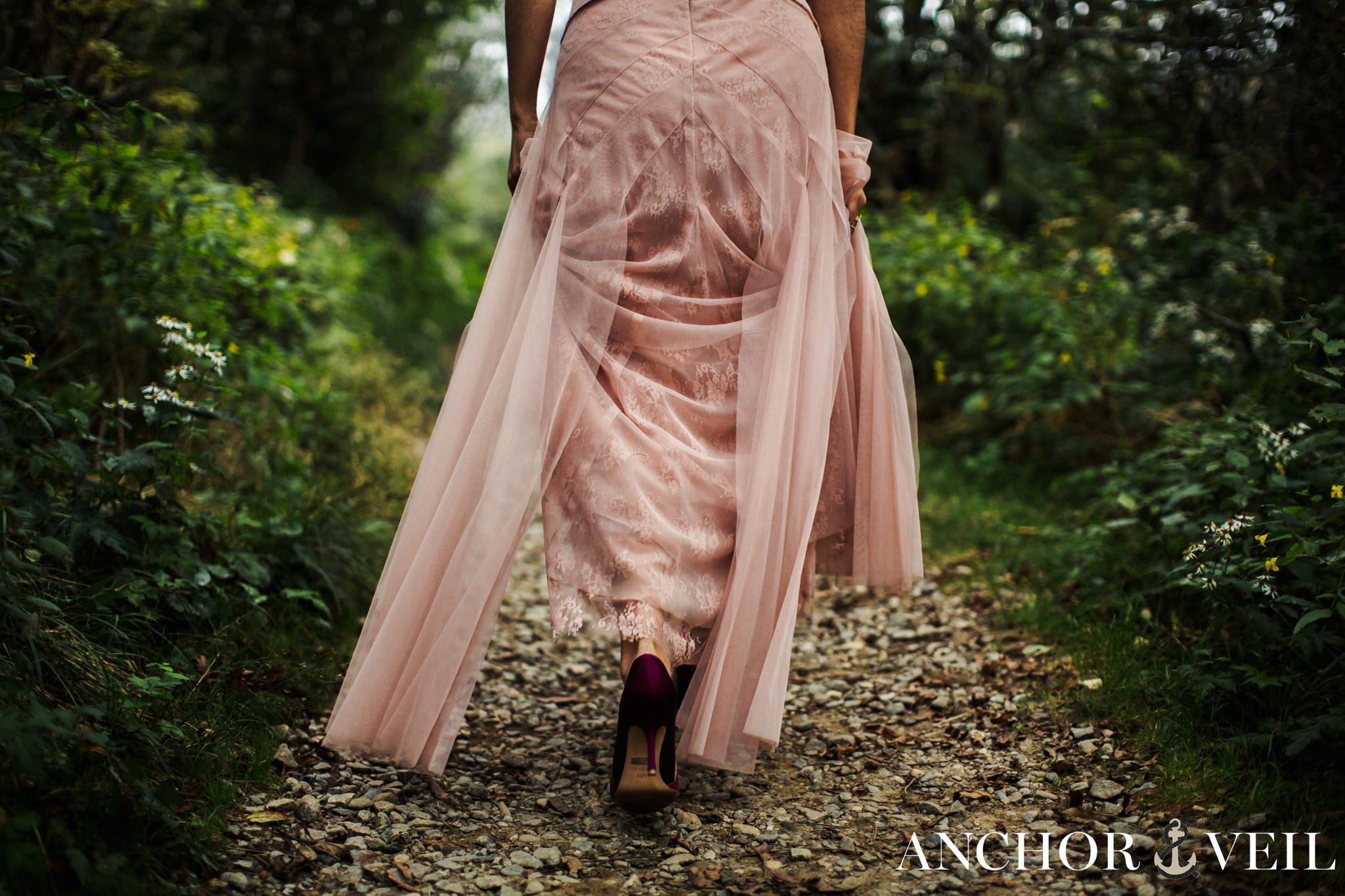 walking in her dress through craggy gardens
