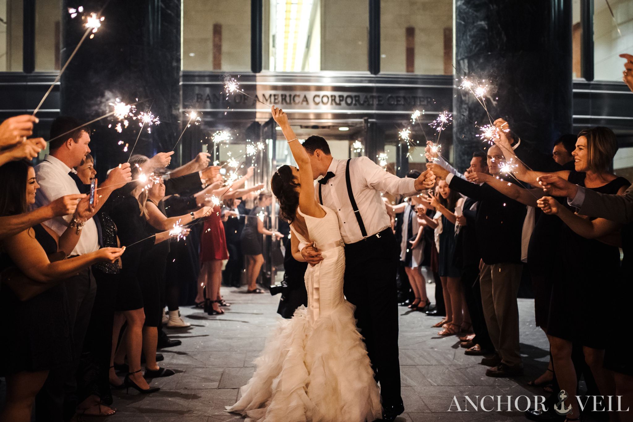 sparkler exit kissing founders Hall wedding in Charlotte Nc