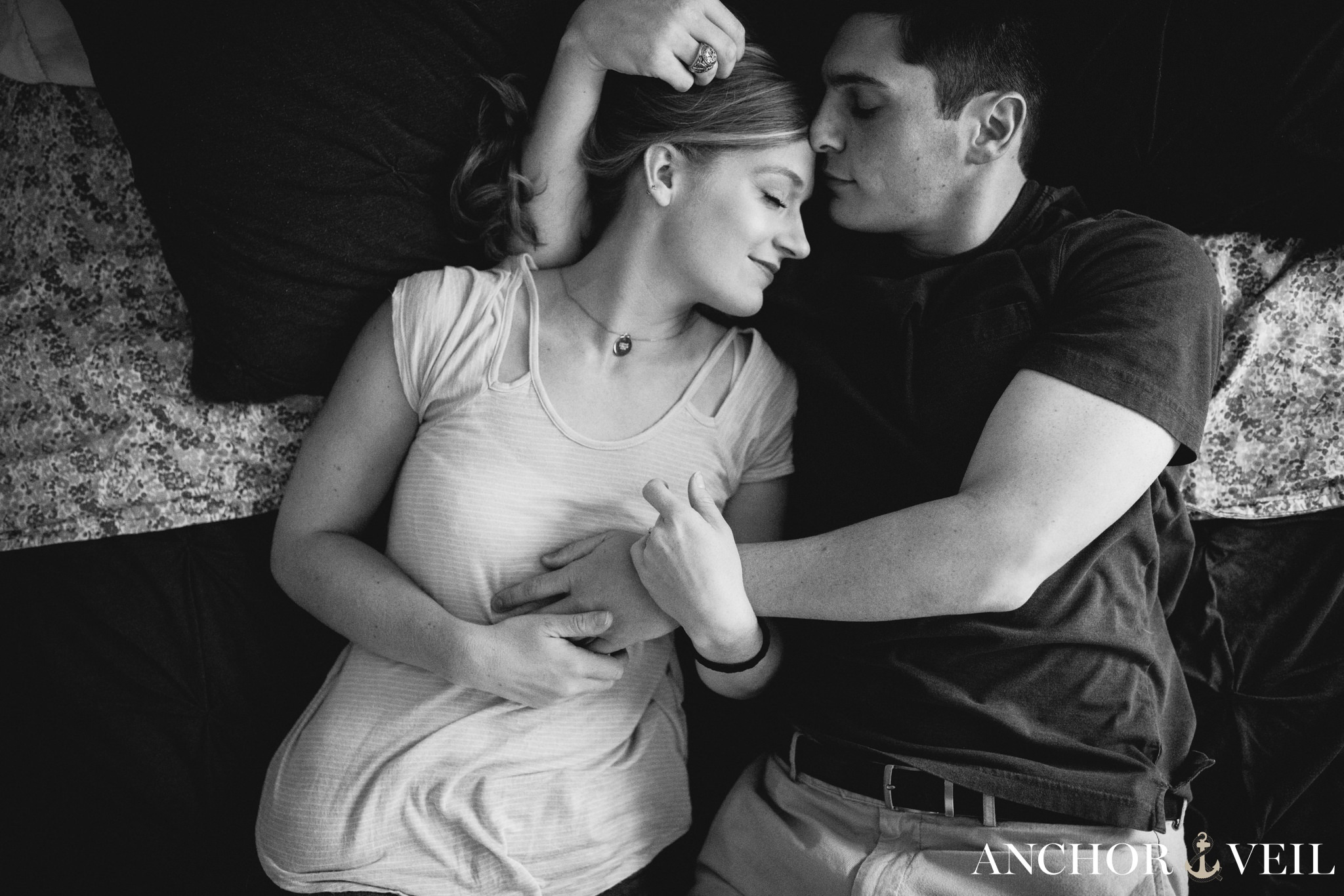 getting close on the bed during the In Home Charlotte Engagement Session
