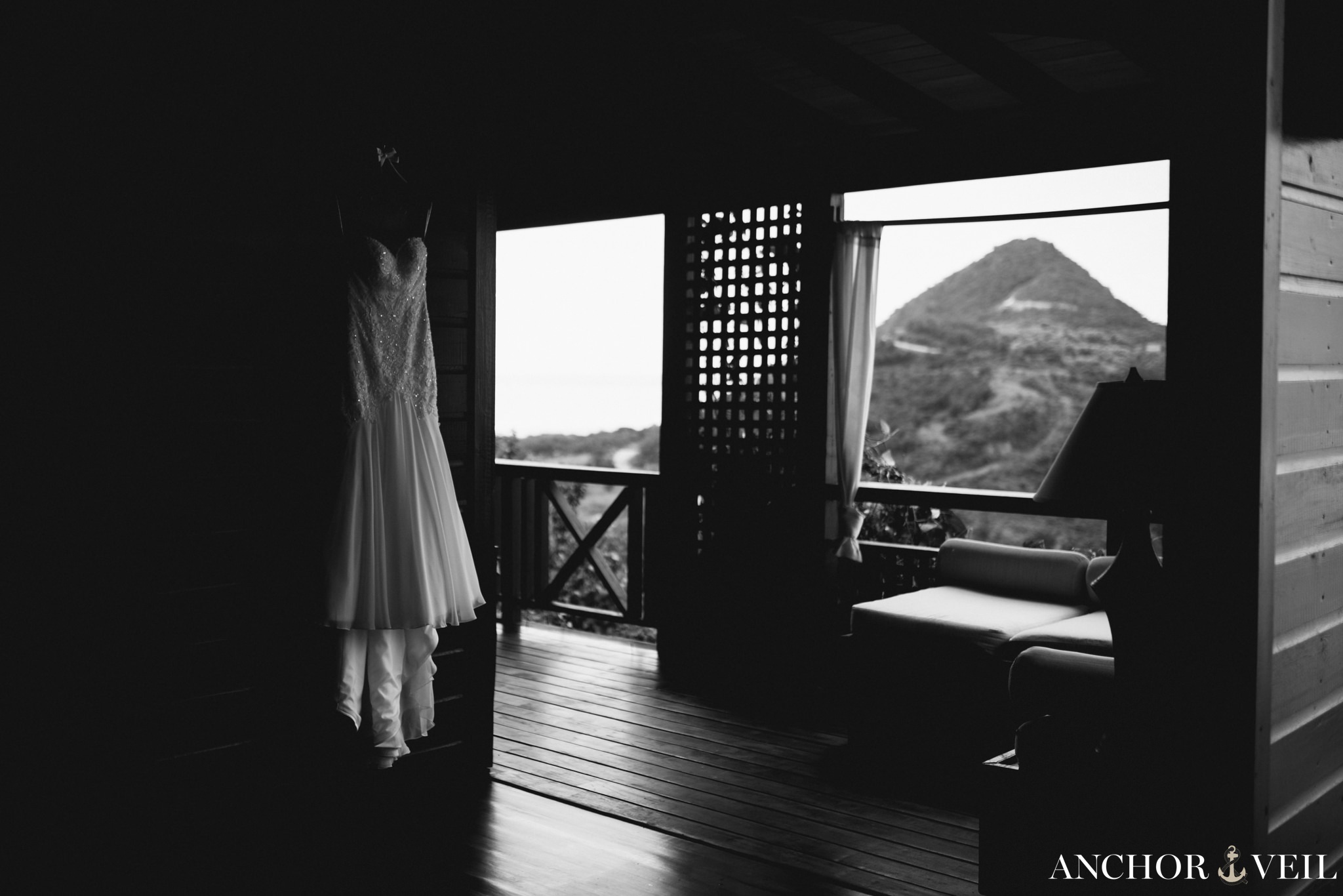 the dress hanging up with the mountains in the background
