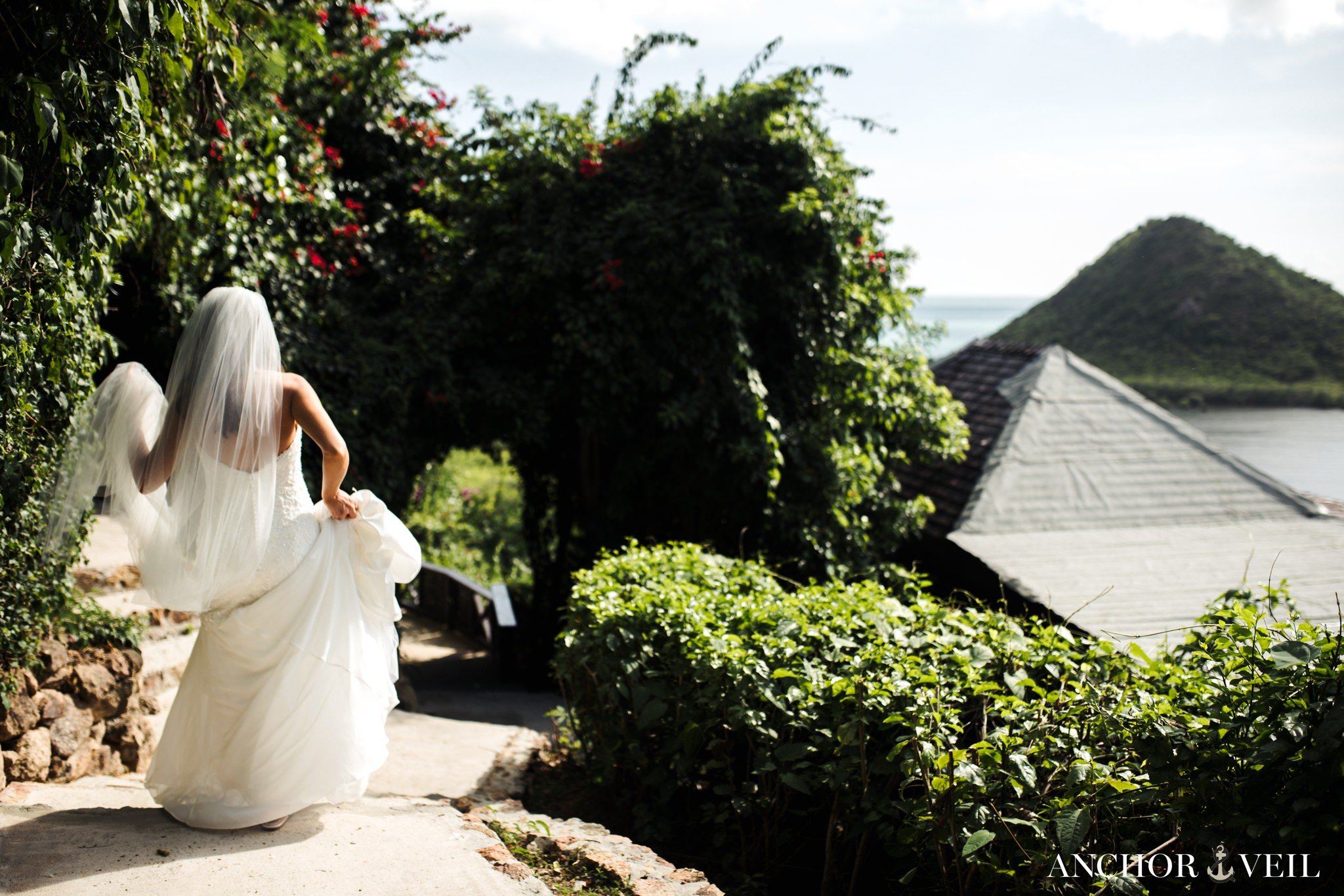 bride heading to the ceremony location at the Hermitage Bay Antigua Wedding