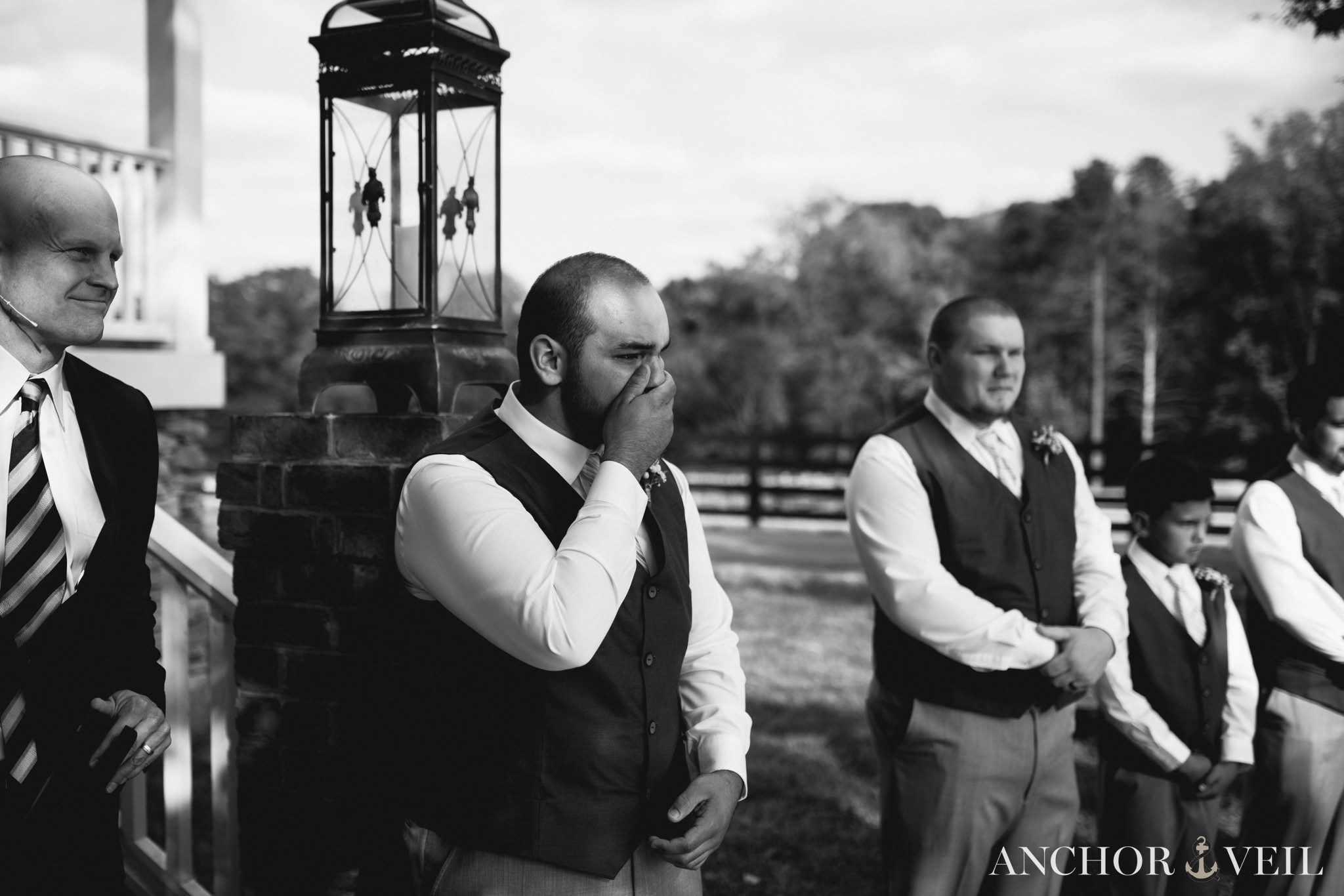 groom crying as the bride walks down the aisle at the Hunting Creek Farms Wedding