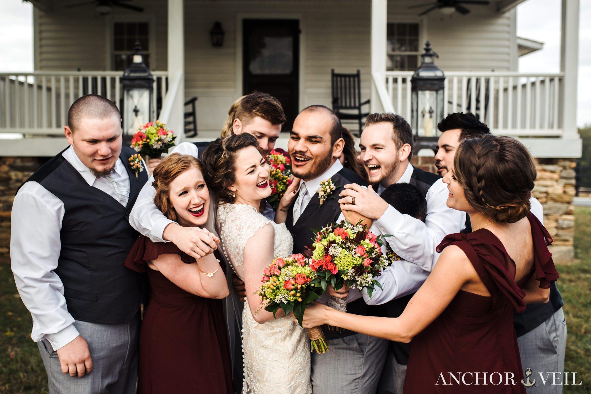 bridal party together around the house at the Hunting Creek Farms Wedding