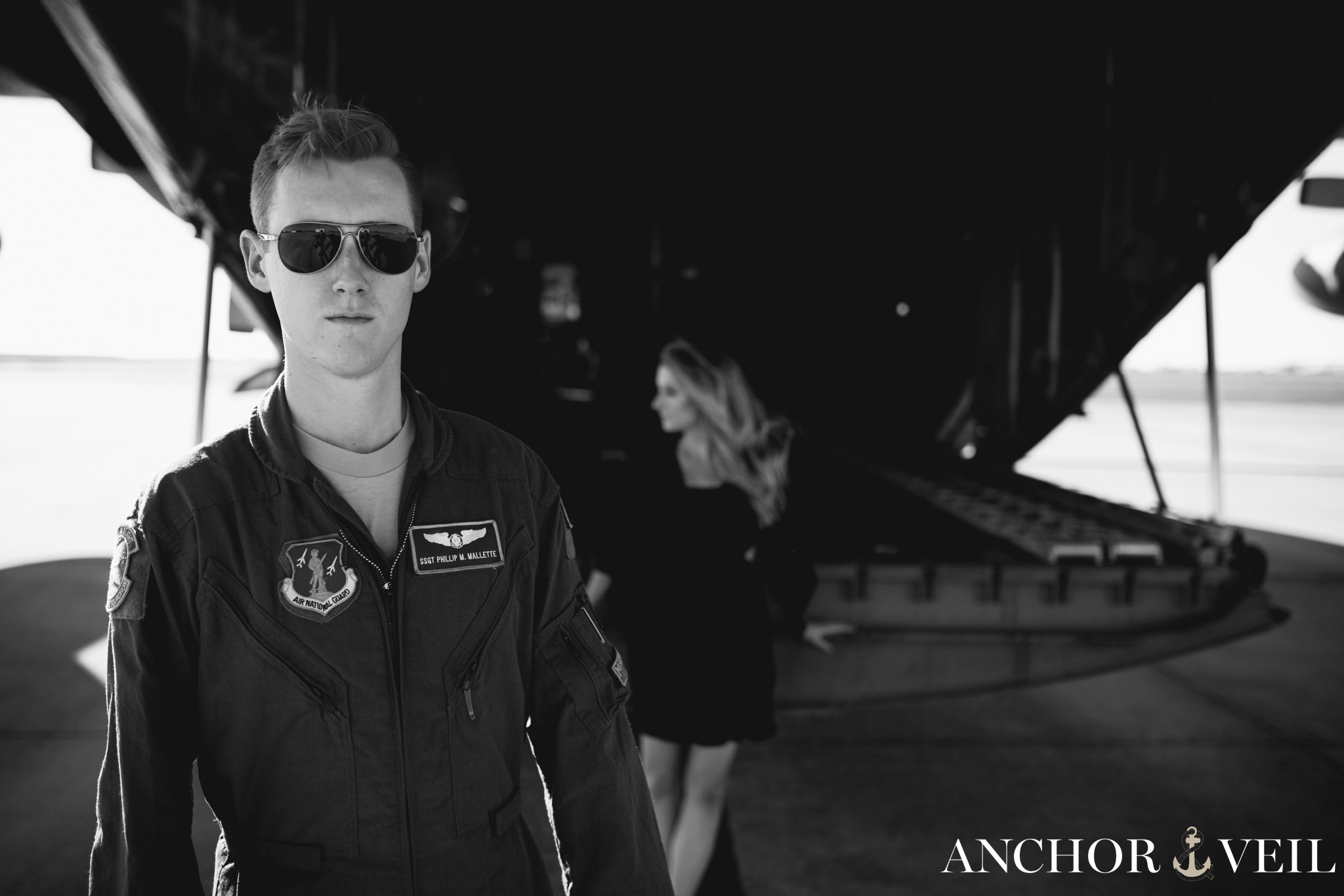 top gun looking shot during the aviation themed engagement session in Charlotte NC