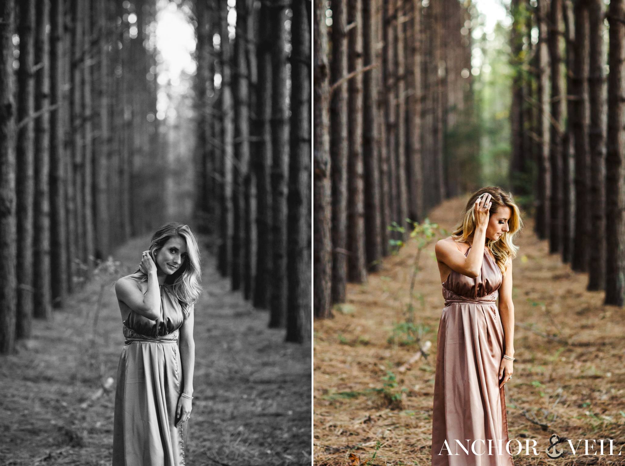 bride posting in the tree forest during their charlotte engagement session