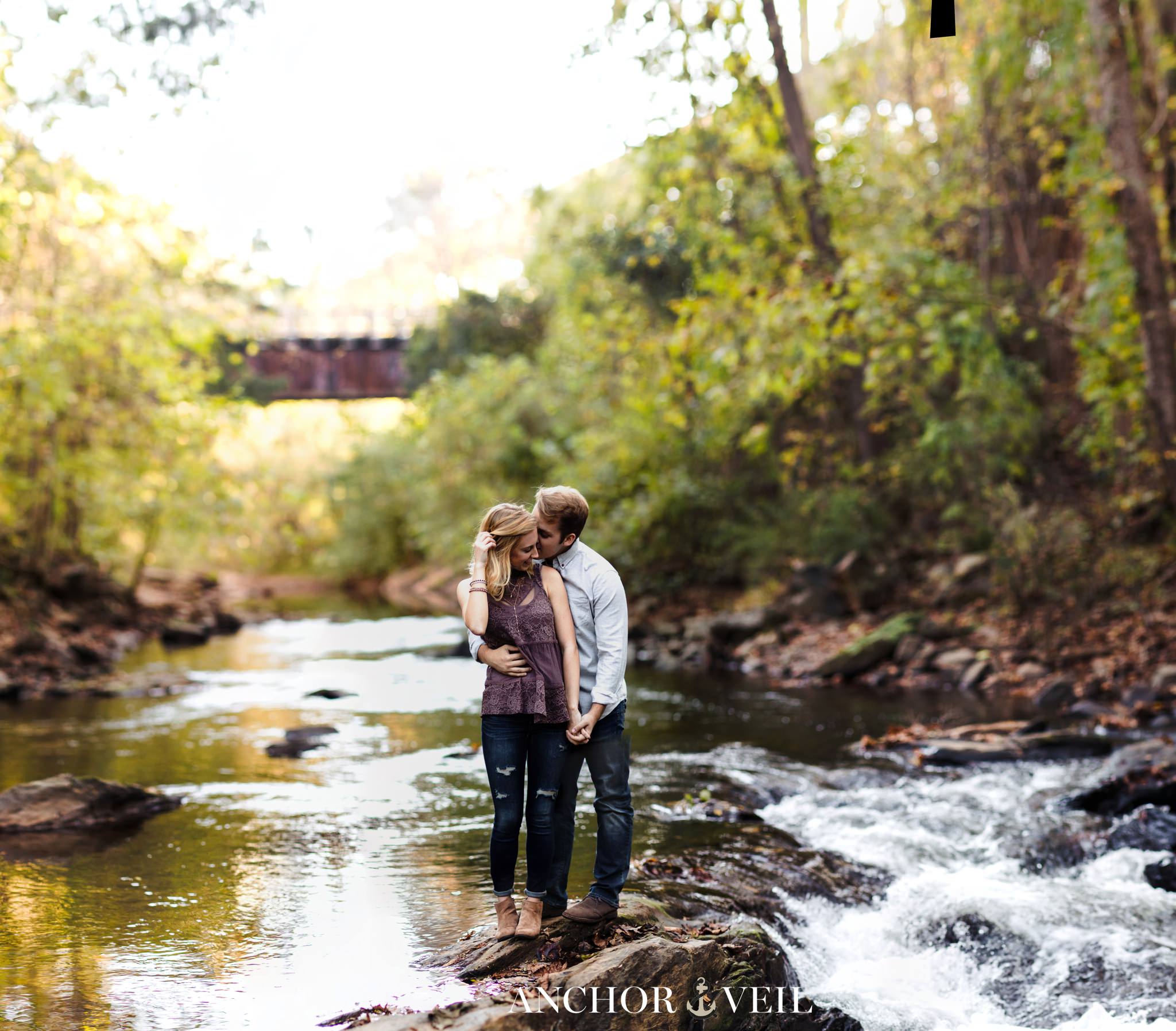 brenizer method in the river during the Hollins Mill Park Engagement Session