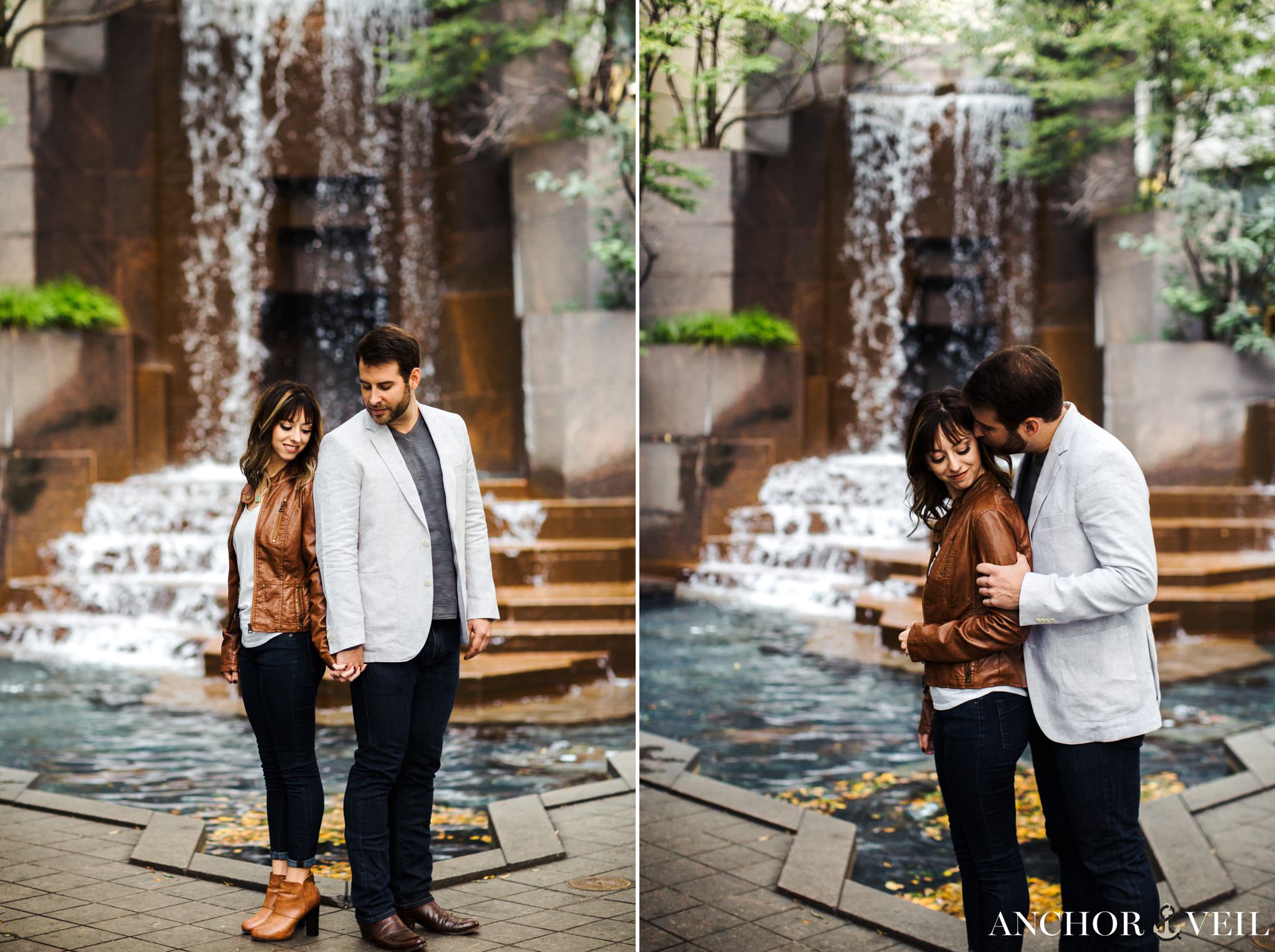 in front of the fountain during the Uptown Charlotte Engagement Session