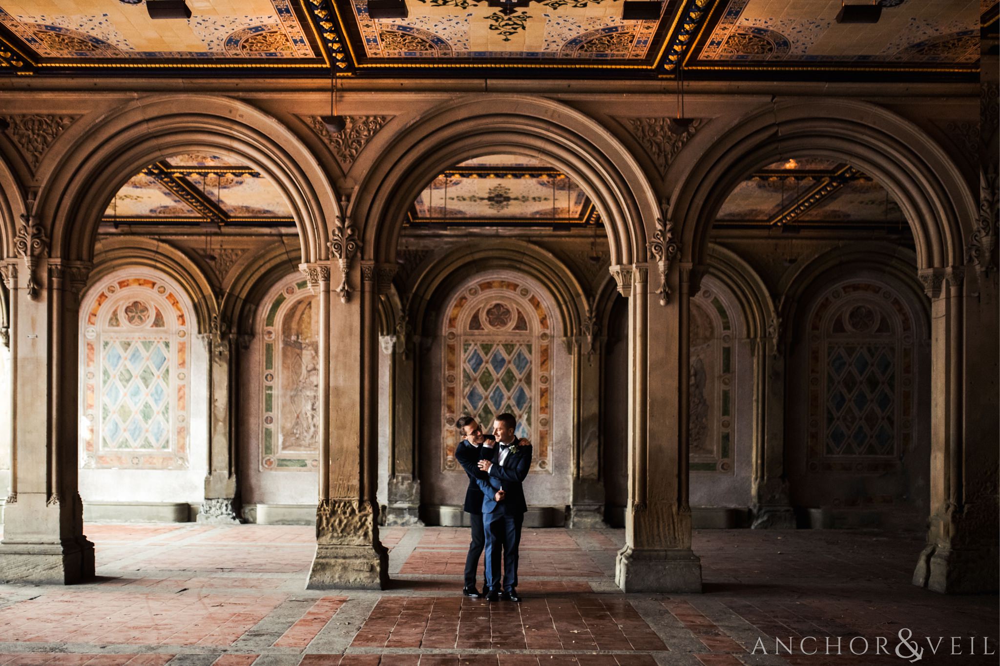 under the arches during their central park elopement in bethesda Terrace