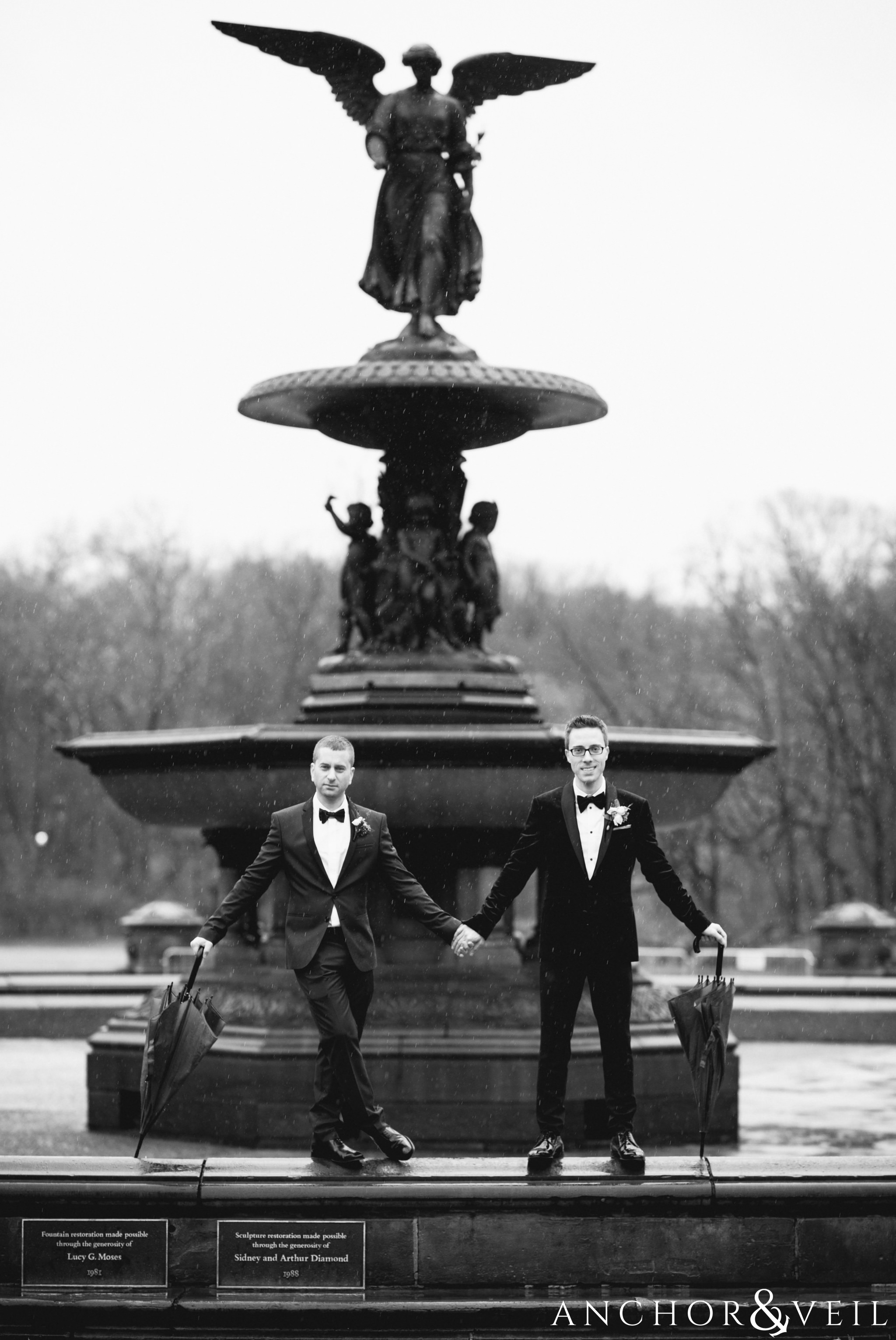 posed on the fountain during their central park elopement in bethesda Terrace
