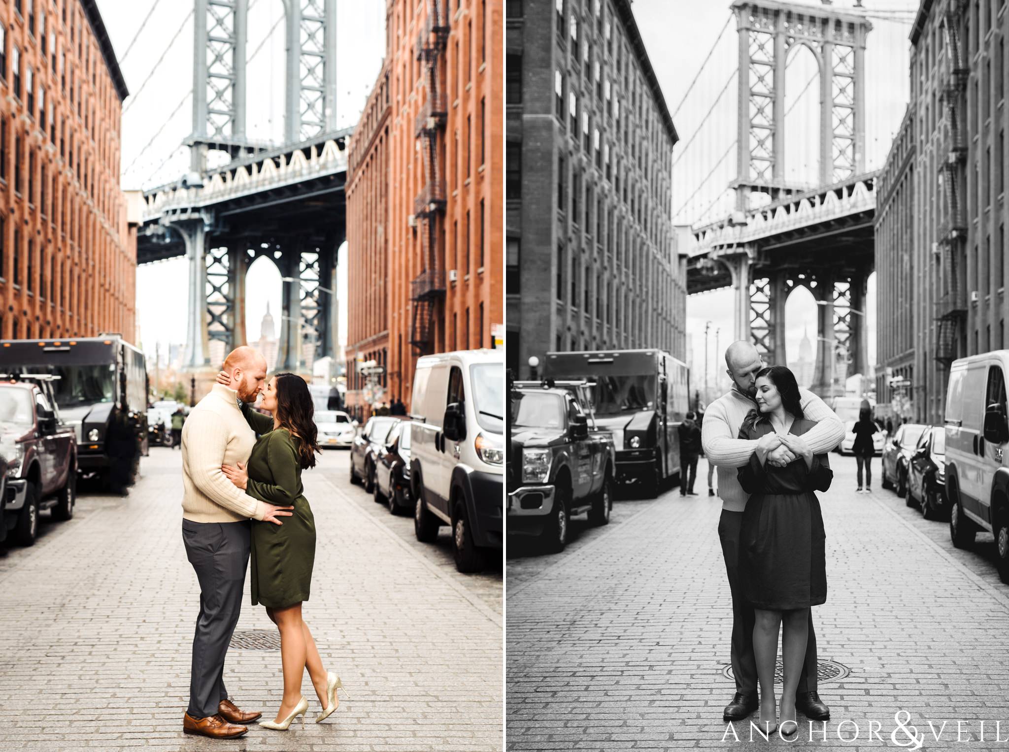 brooklyn bridge in the backdrop During their Dumbo Brooklyn New York engagement session