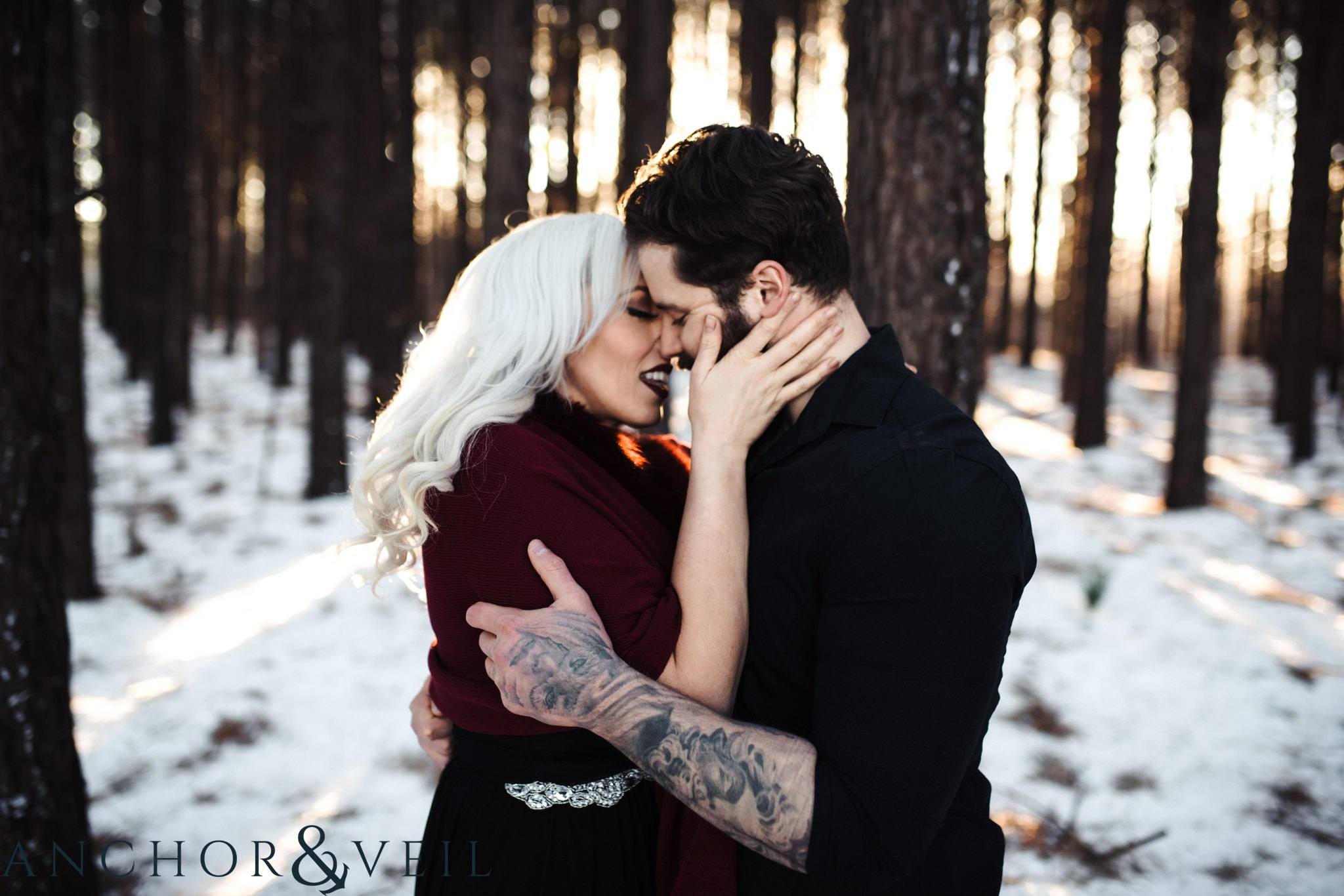 bringing each other in close during their charlotte snow engagement session