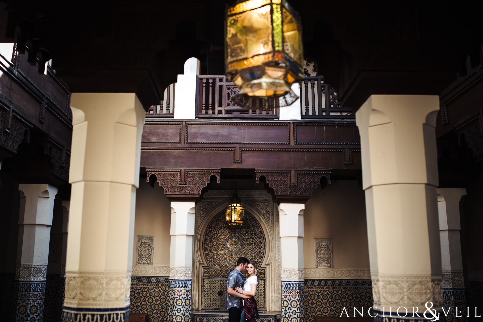 architecture in morocco during their Disney world engagement session at Disney's Epcot