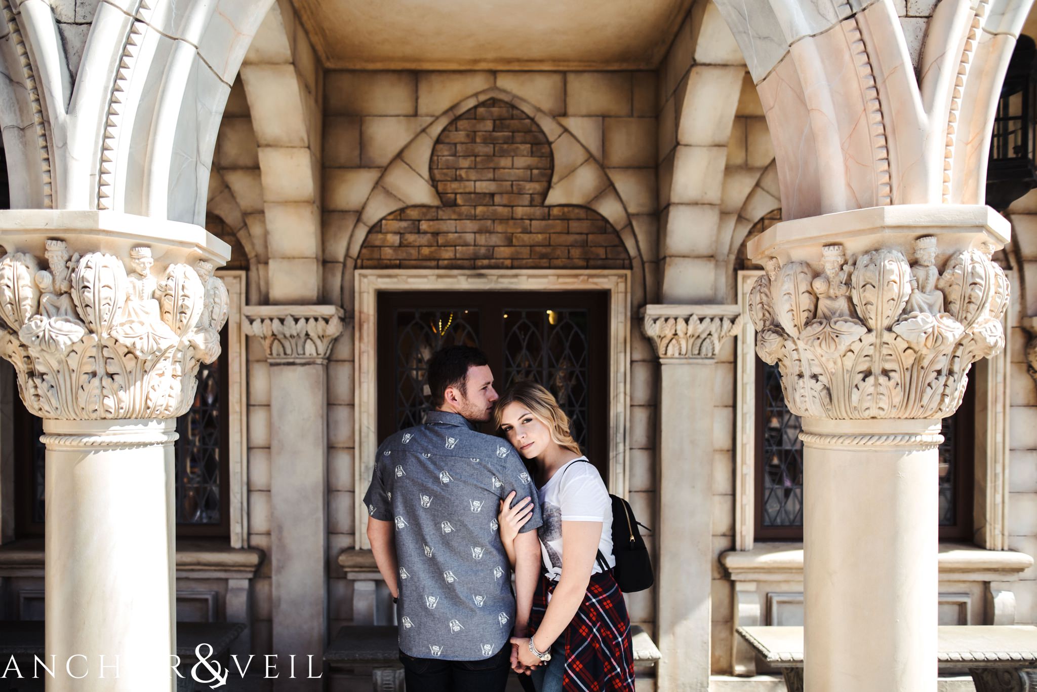 Italy and architecture during their Disney world engagement session at Disney's Epcot