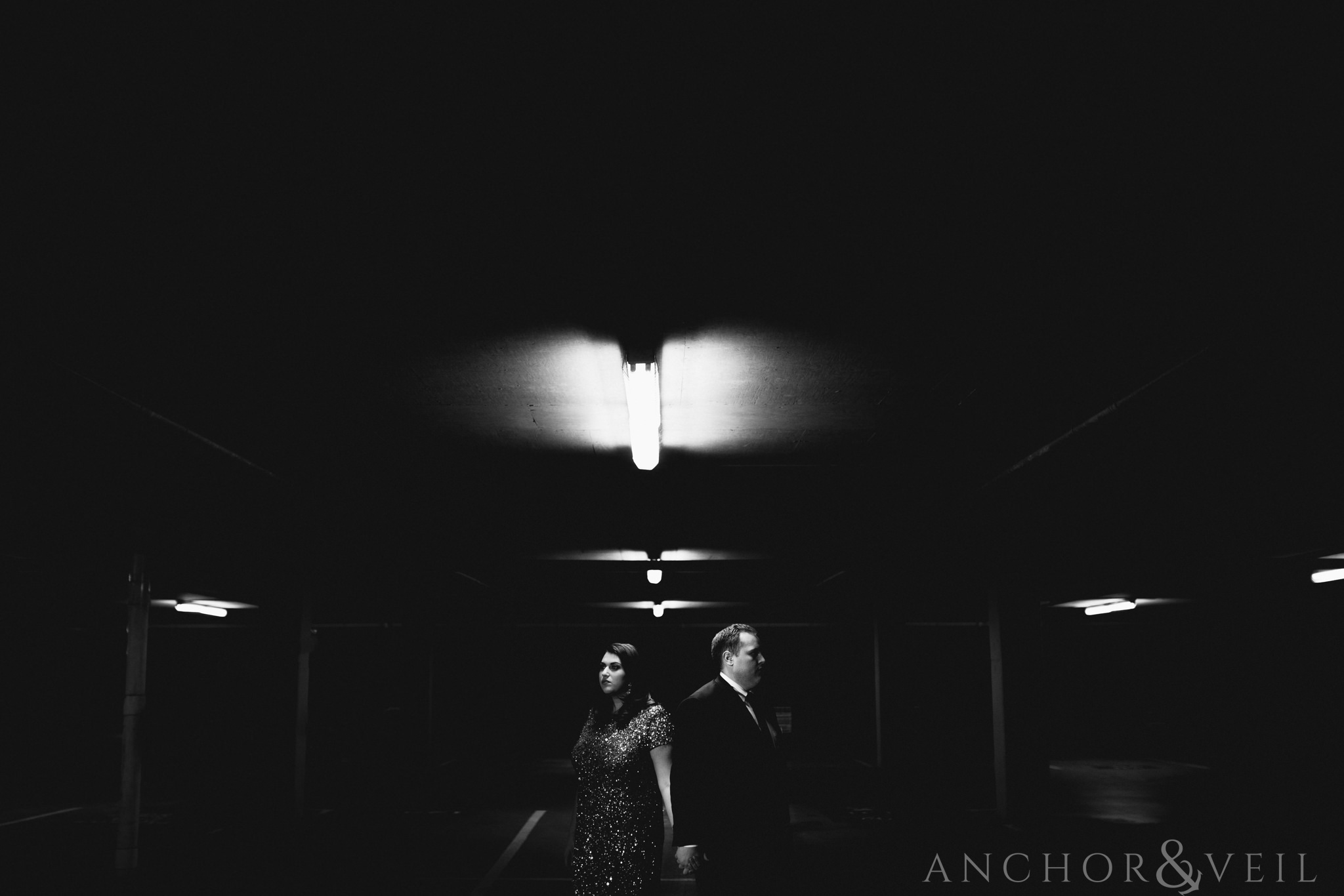 parking garage lights during their southend charlotte engagement session