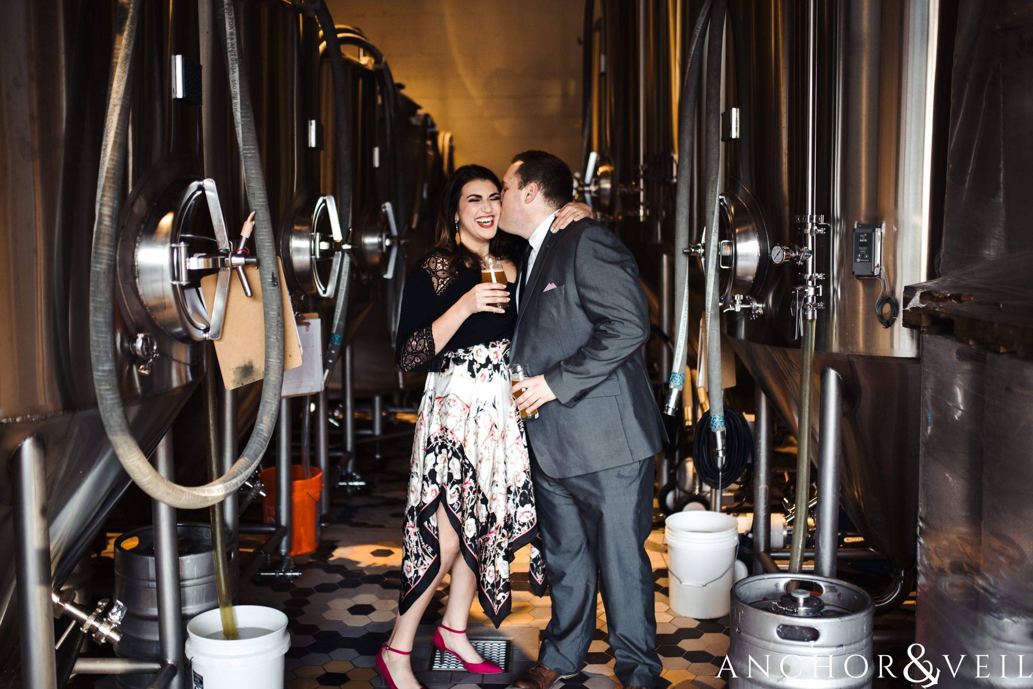 inside legion brewery during their southend charlotte engagement session