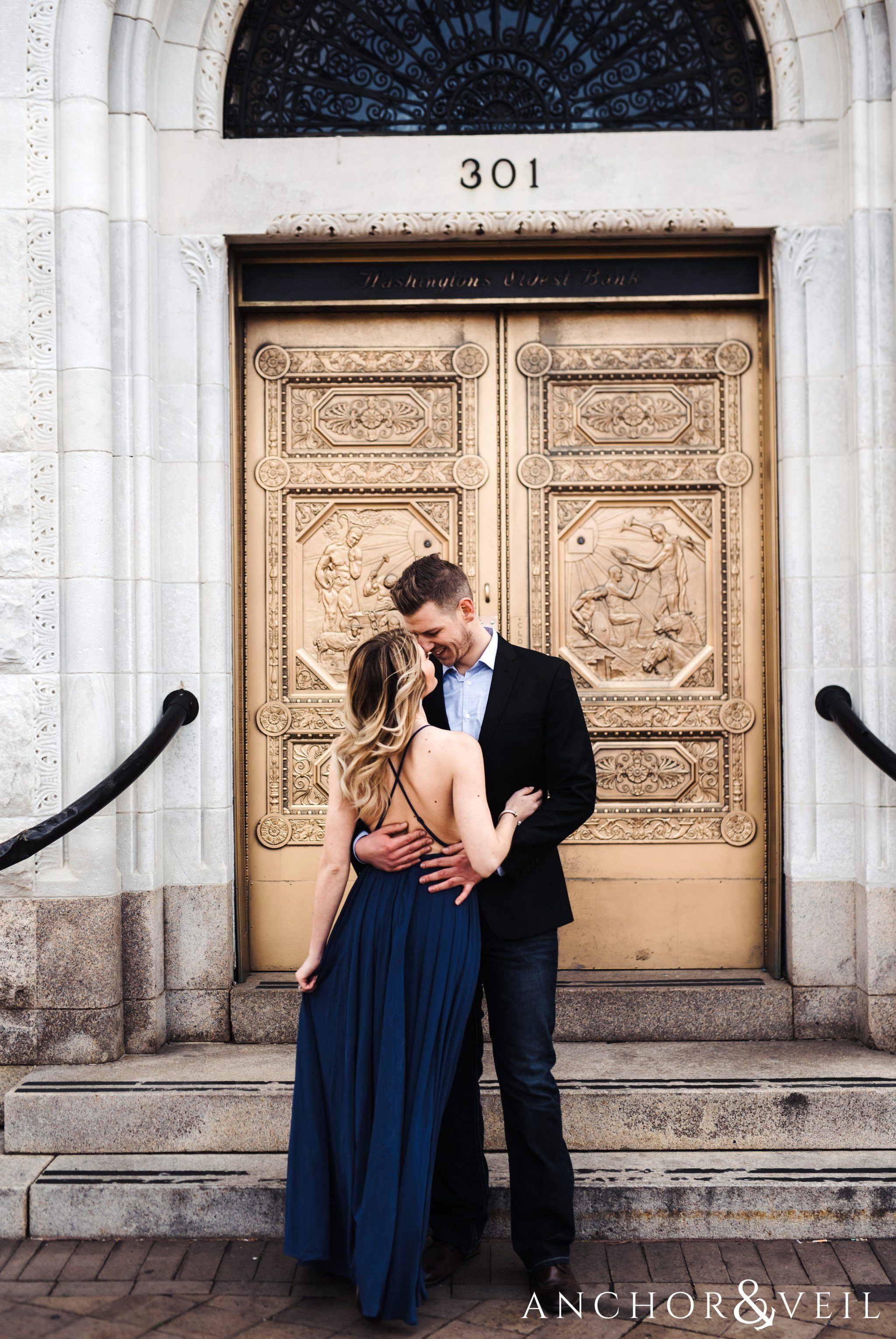first bank golden door during their Scenic Washington DC Engagement Session