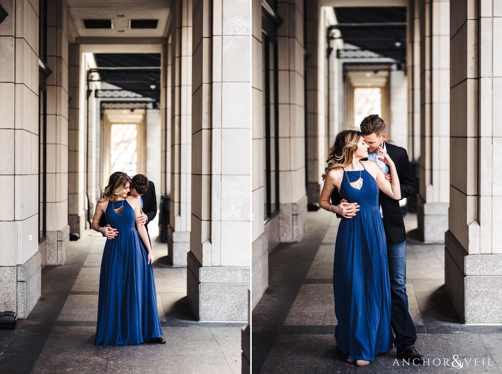 under the architecture during their Scenic Washington DC Engagement Session