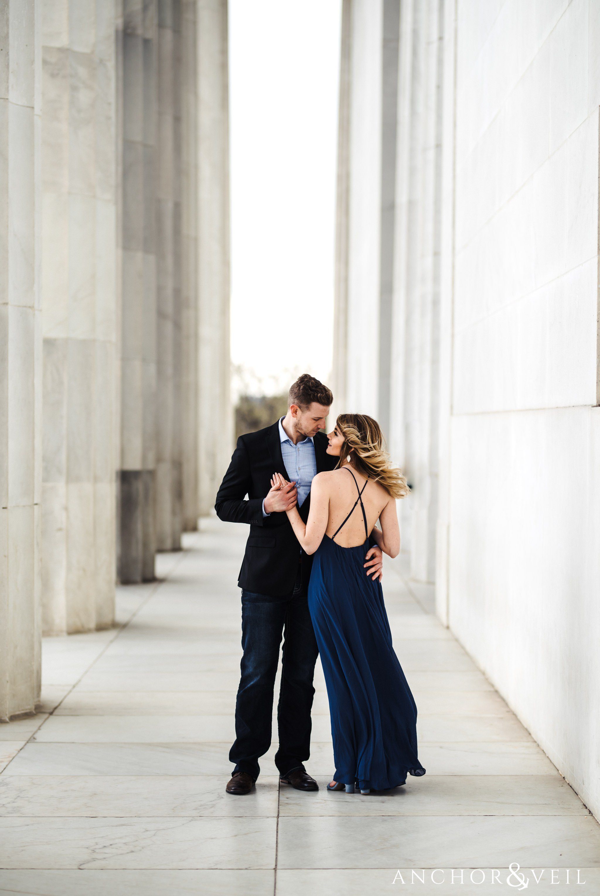 Lincoln memorial pillars during their Scenic Washington DC Engagement Session