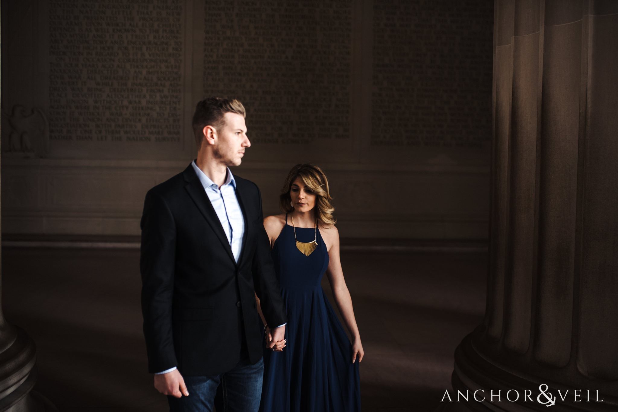 inside the memorial during their Scenic Washington DC Engagement Session