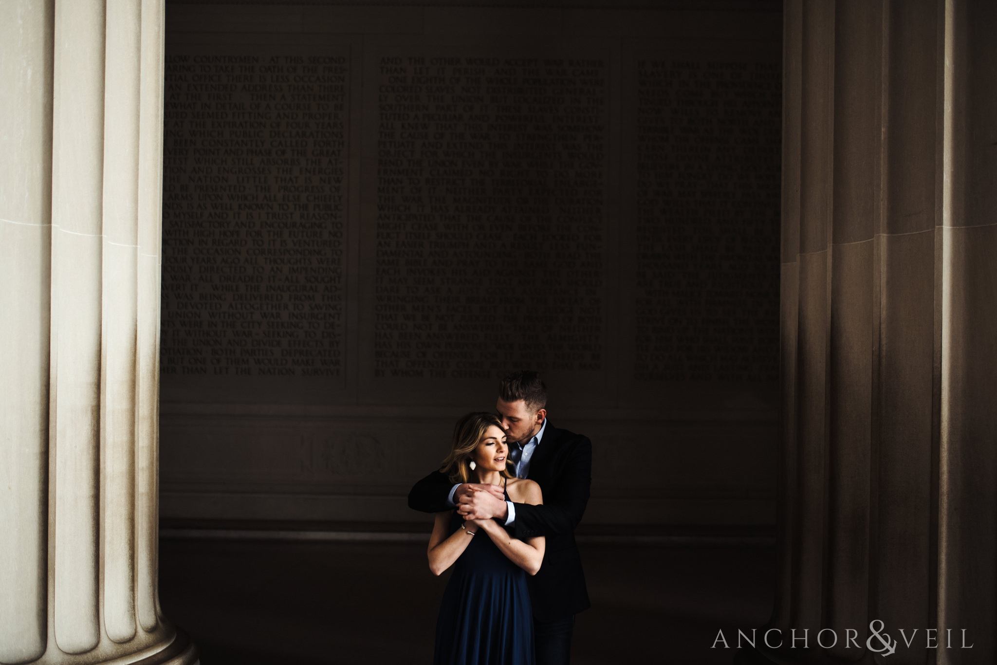 good light inside of the Lincoln memorial during their Scenic Washington DC Engagement Session