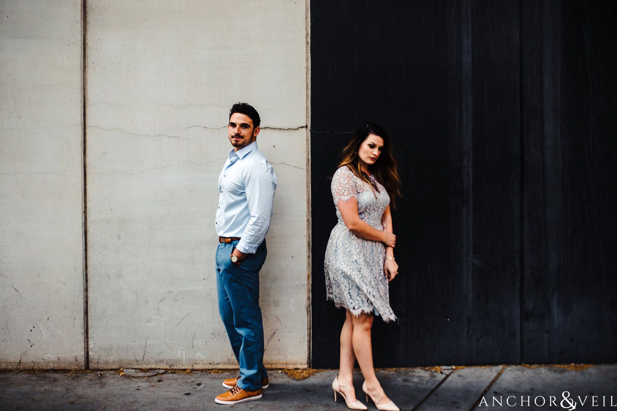 split color wall during their Uptown Charlotte NC Engagement Session