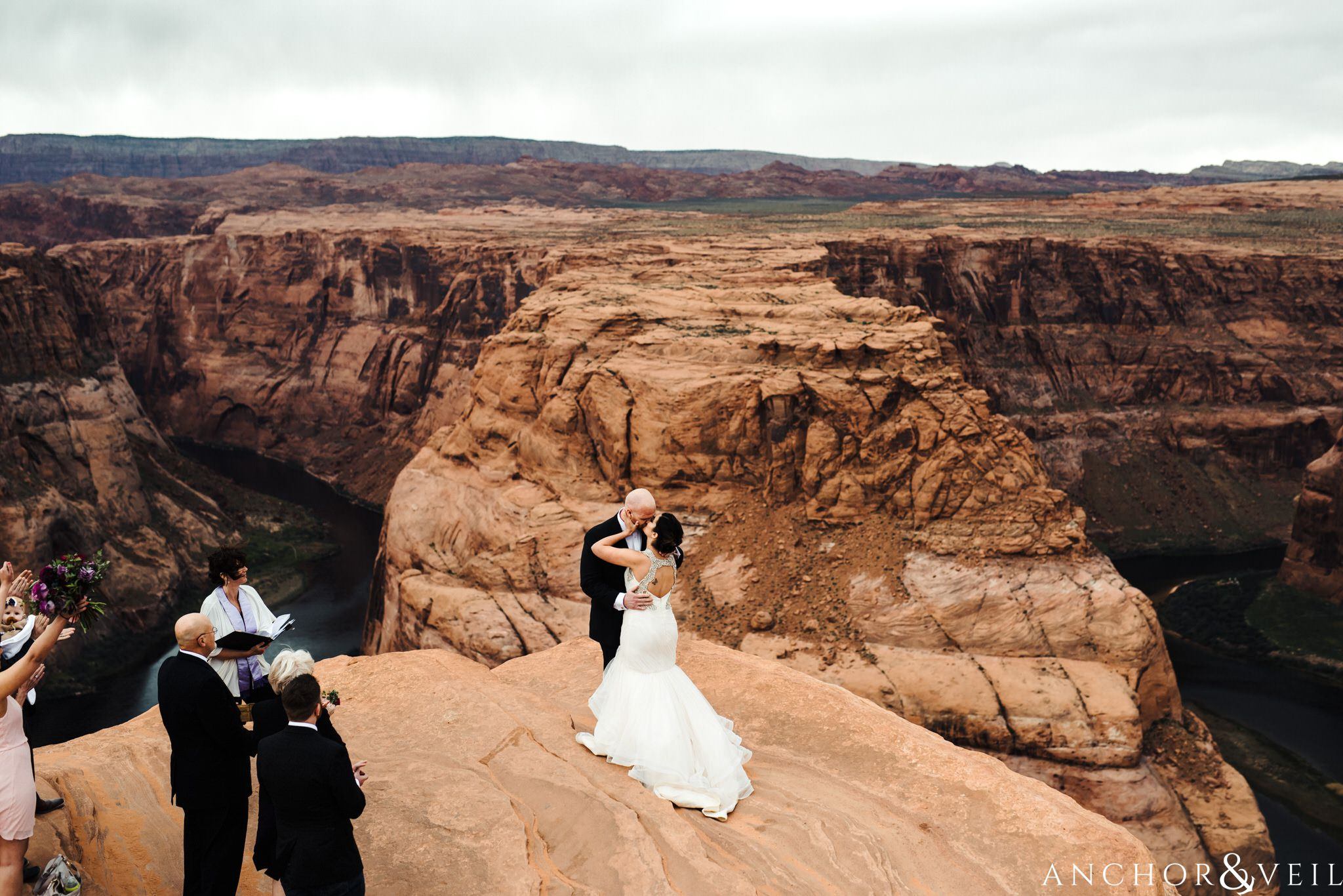 the first kiss during their Horseshoe Bend Elopement Wedding