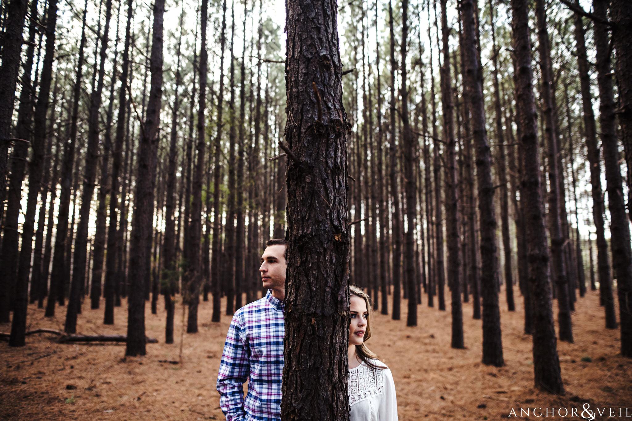 trees in between during their Uptown Charlotte Engagment Session The Green 1