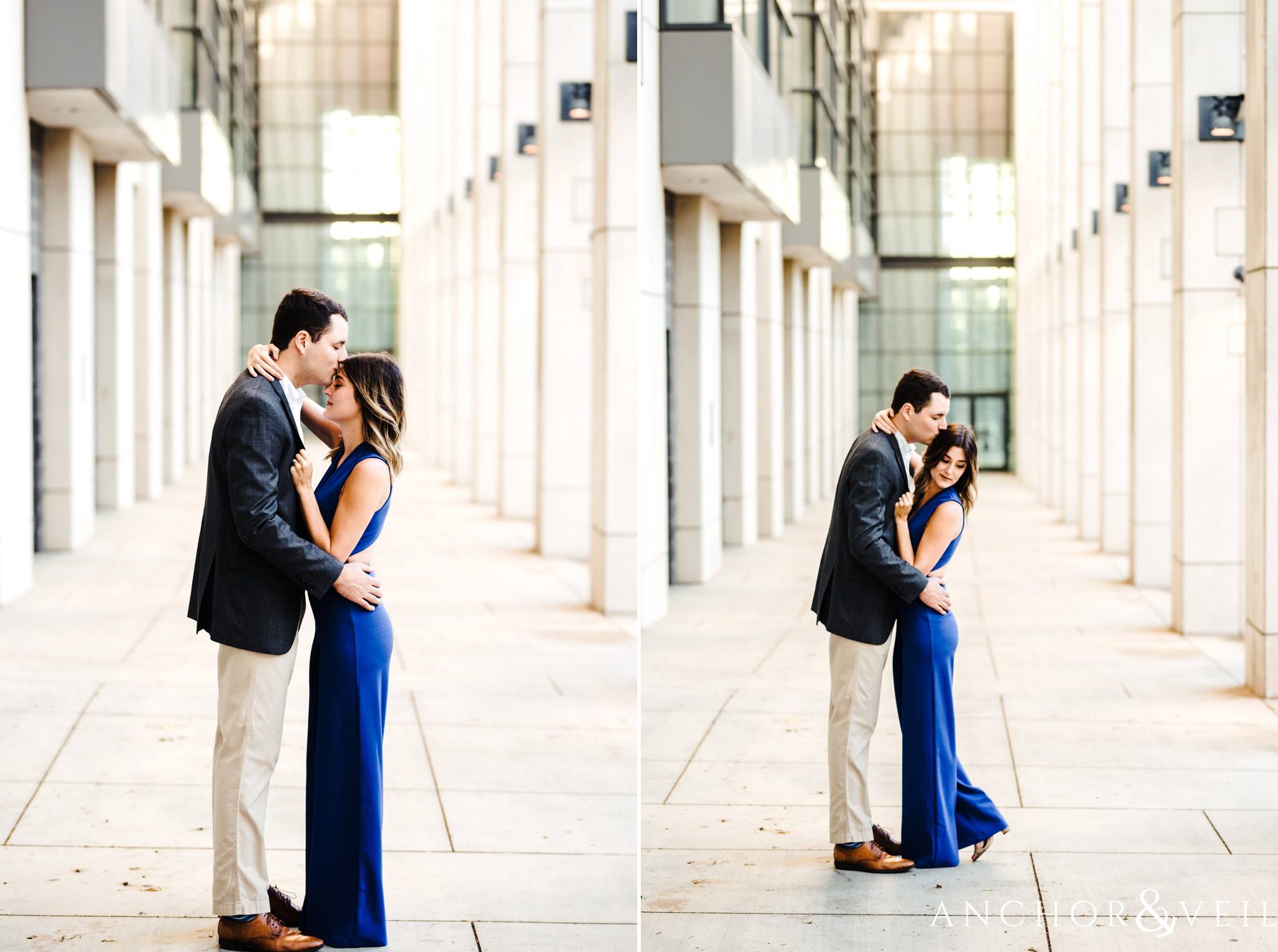 kissing on the forehead In the lines during the Uptown Charlotte Sycamore Brewery Engagement Session