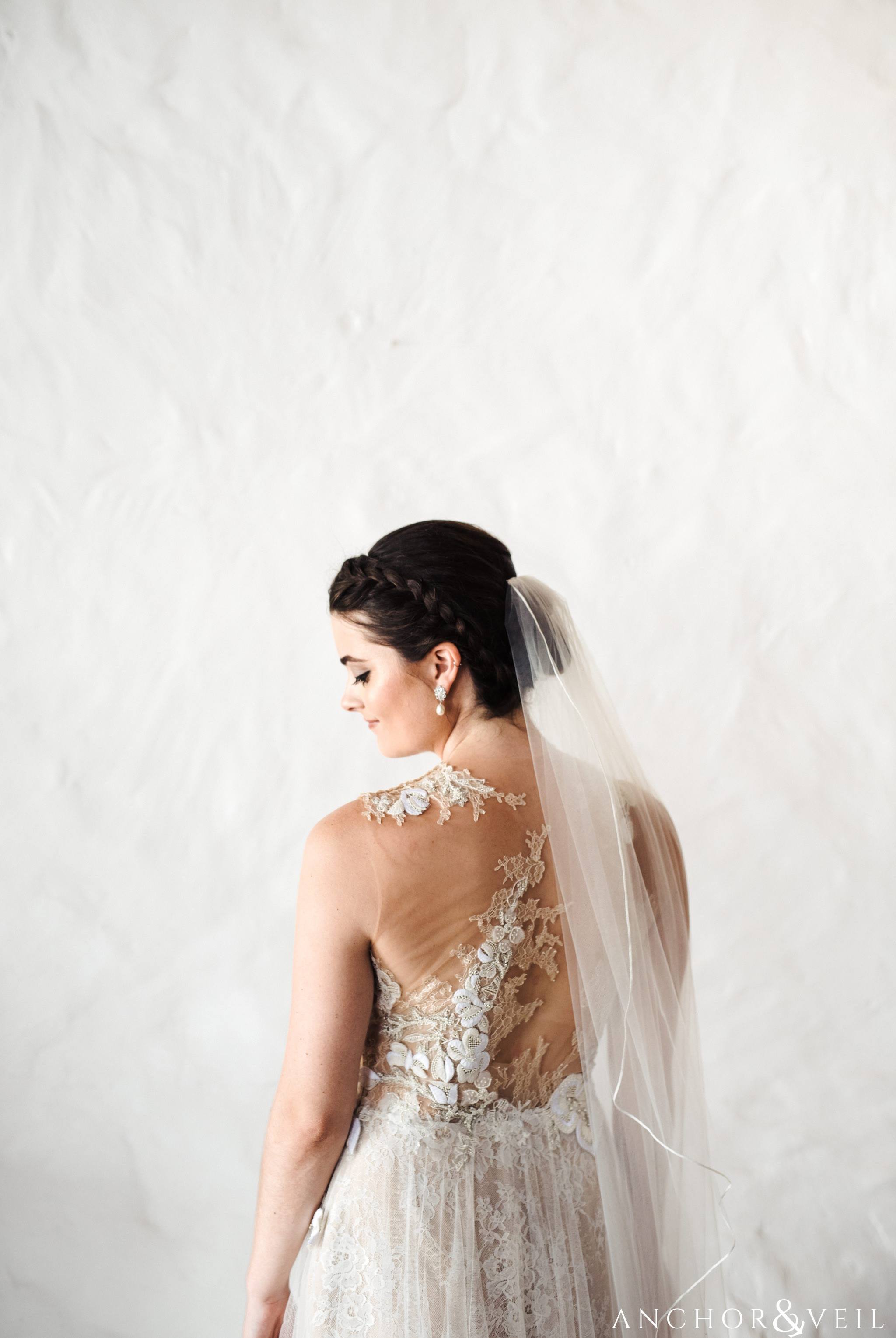 bridal portrait with the back of the brides dress During their Cap Maison destination Wedding In St Lucia