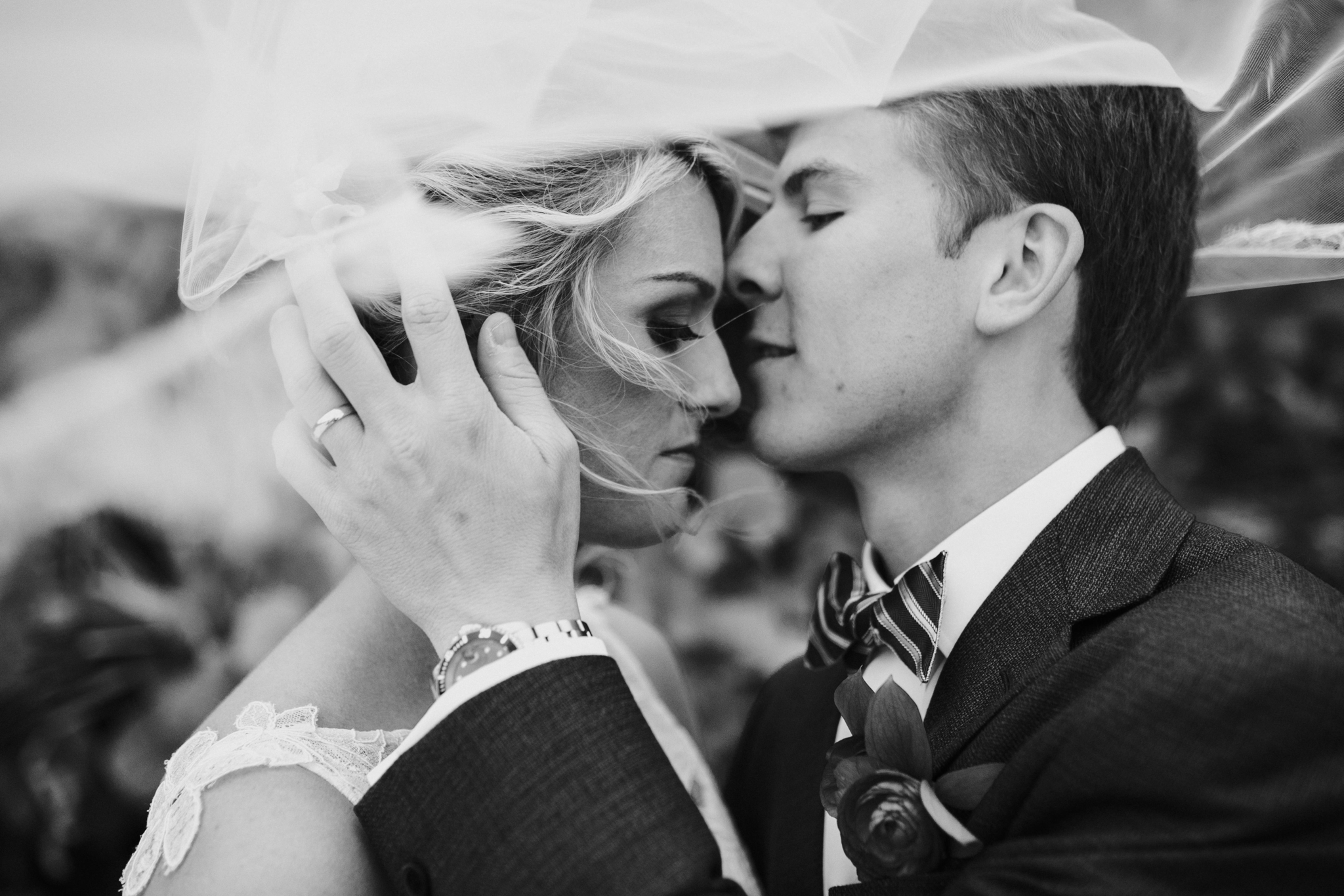 black and white picture of bride and groom