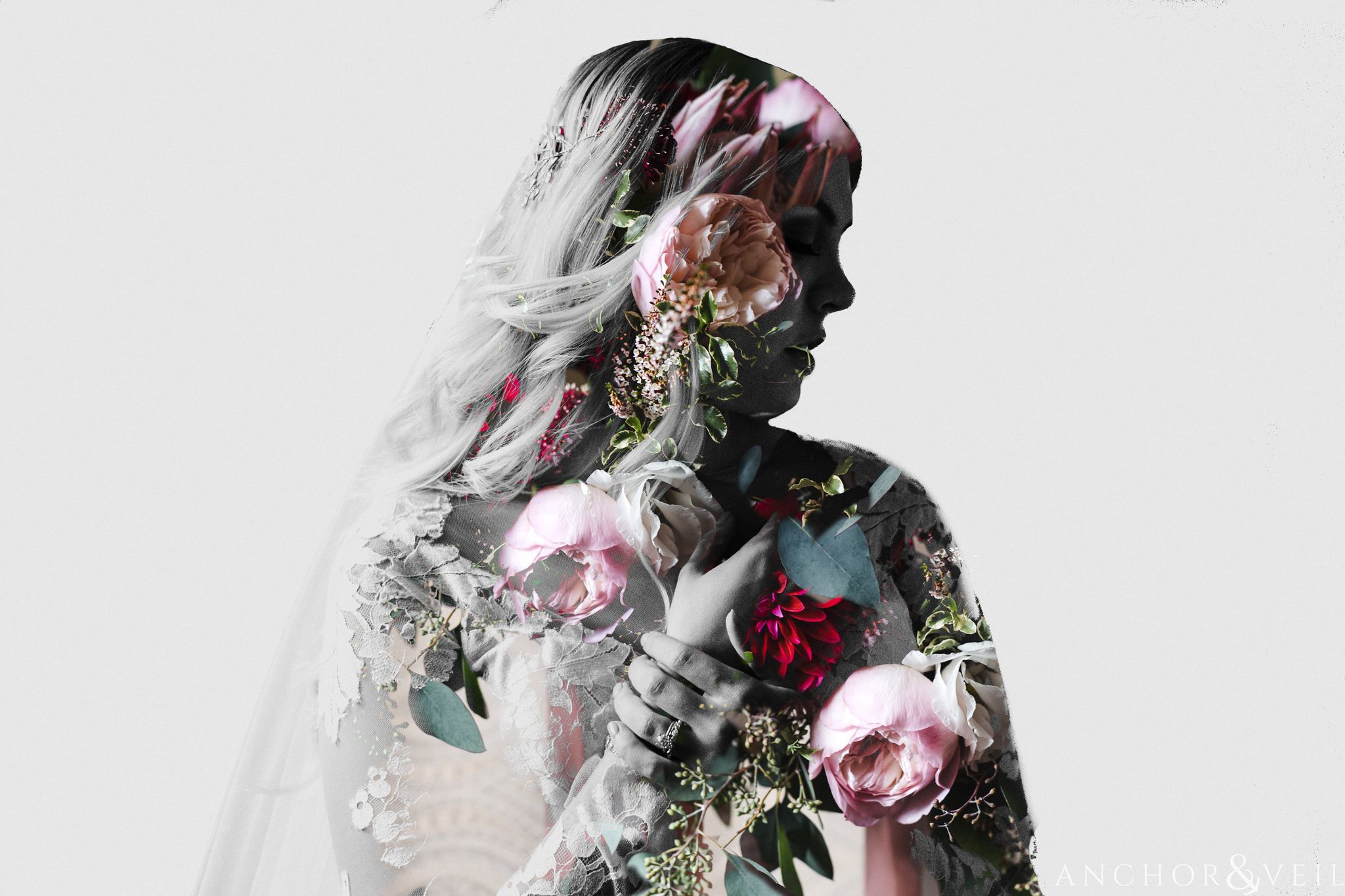 Unique Double Exposure with contrast light of the bride and the brides flowers