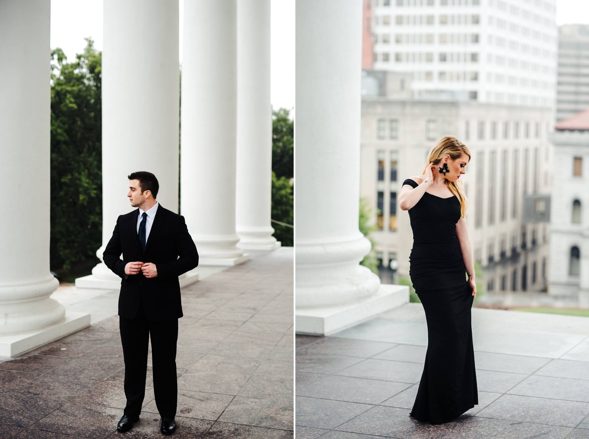 Photographs of our bride-to-be & groom-to-be looking fancy on the Virginia Captiol Building during their Downtown Richmond Engagement Session