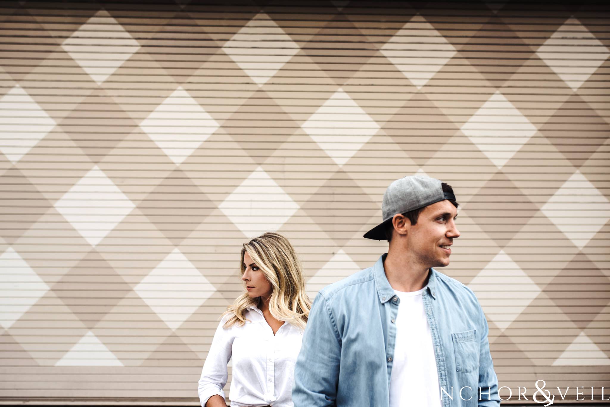 patterned wall uptown Charlotte engagement session