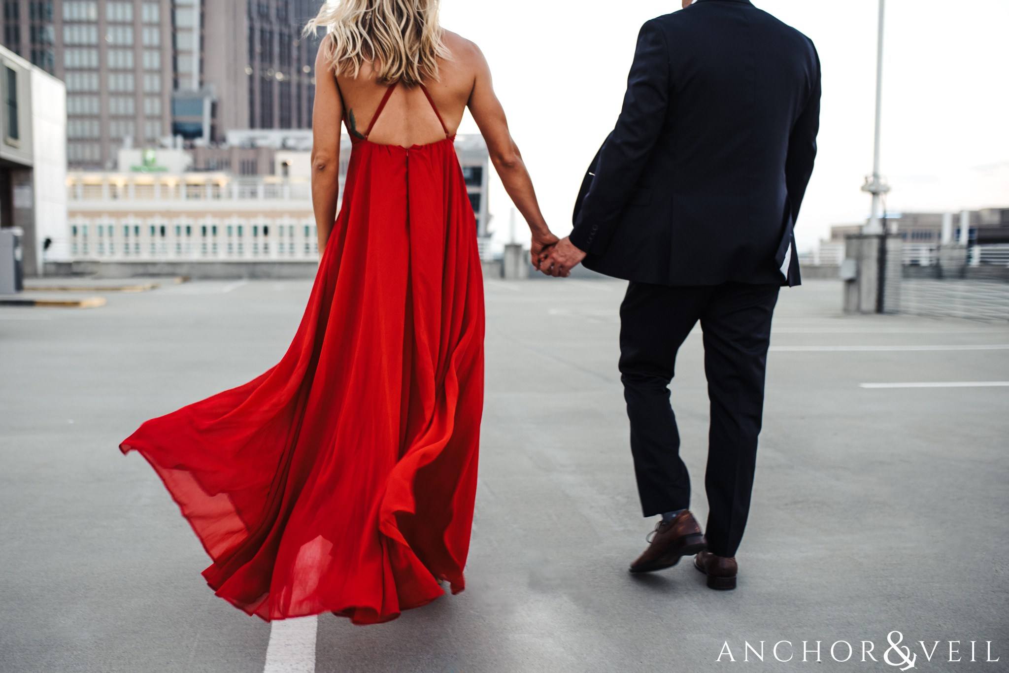 flow red dress uptown Charlotte engagement session