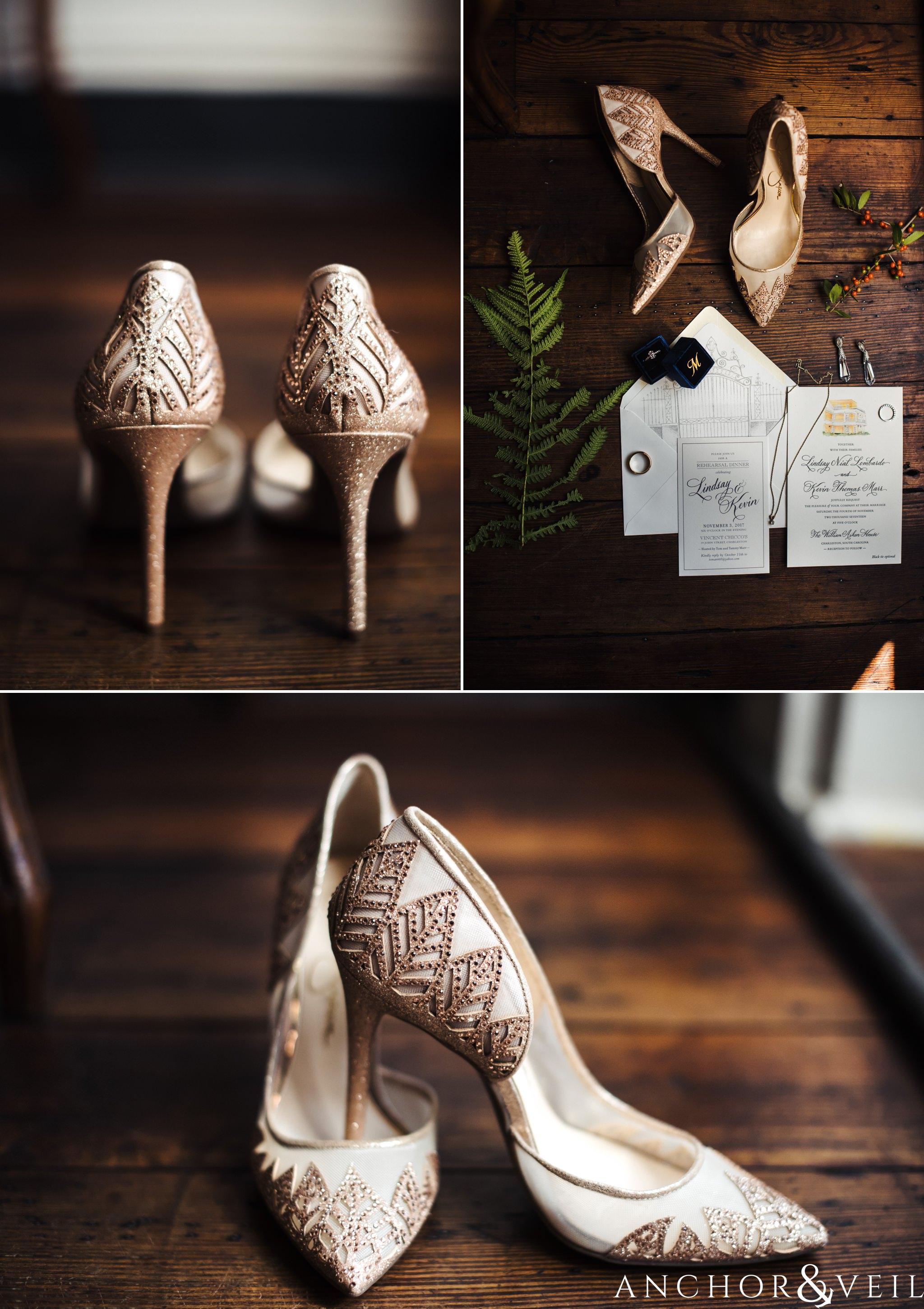 bride shoes during their William Aiken house Wedding in Charleston Sc